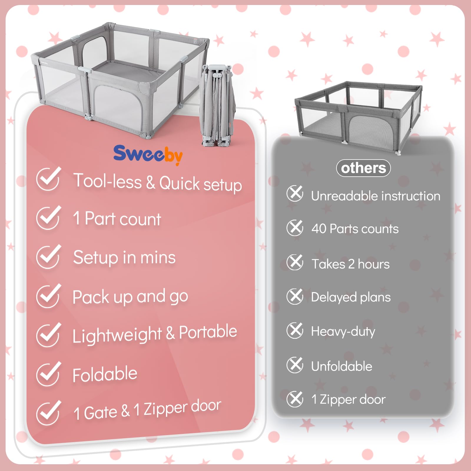Sweeby Baby Playpen - 59x59 Inch Extra Large Foldable Play Yard with Door for Babies & Toddlers | Indoor & Outdoor Safety Fence | Perfect for Home, Park, and Travel | Gray