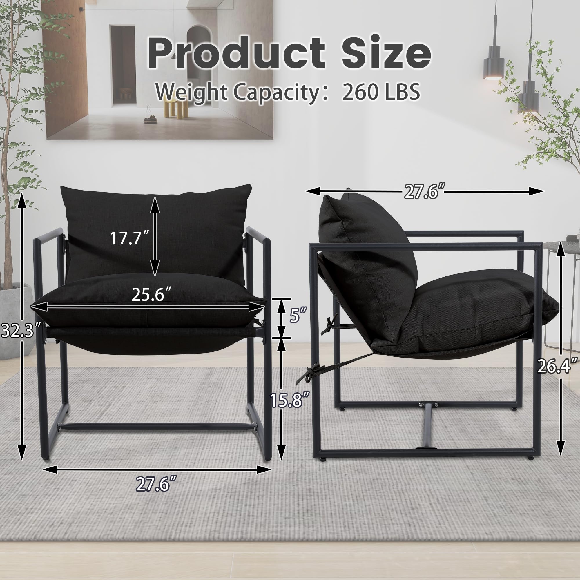 Modern Accent Chair with Armrests - Upholstered Soft Cushion & Square Metal Frame - 27.6