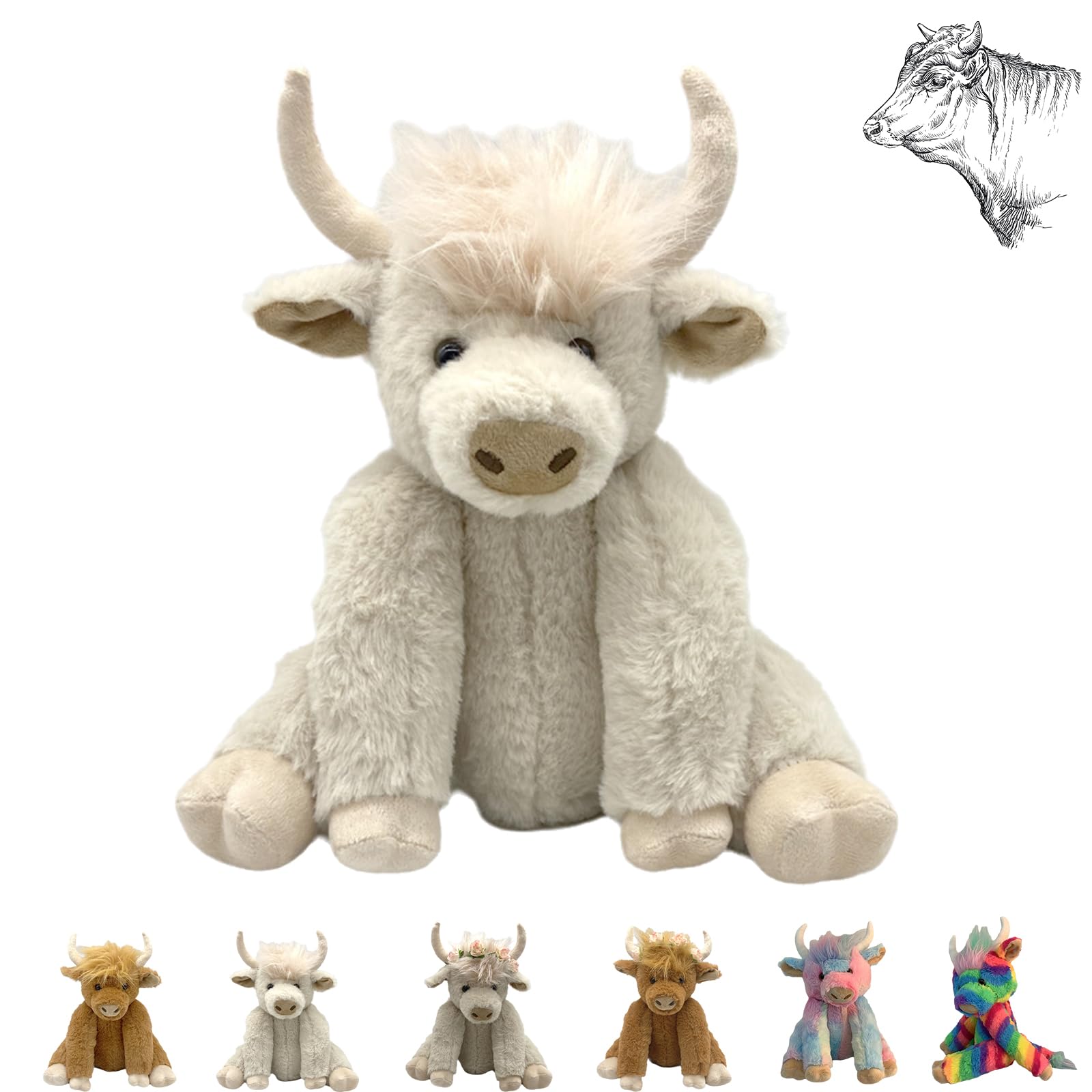 Theorbi Highland Cow Plush Toy with Music - Soft & Realistic Scottish Cow Stuffed Animal, Cute White Plushie Gift for Kids, Girls & Boys | Nursery Decor, Birthday Present, Cuddle Companion