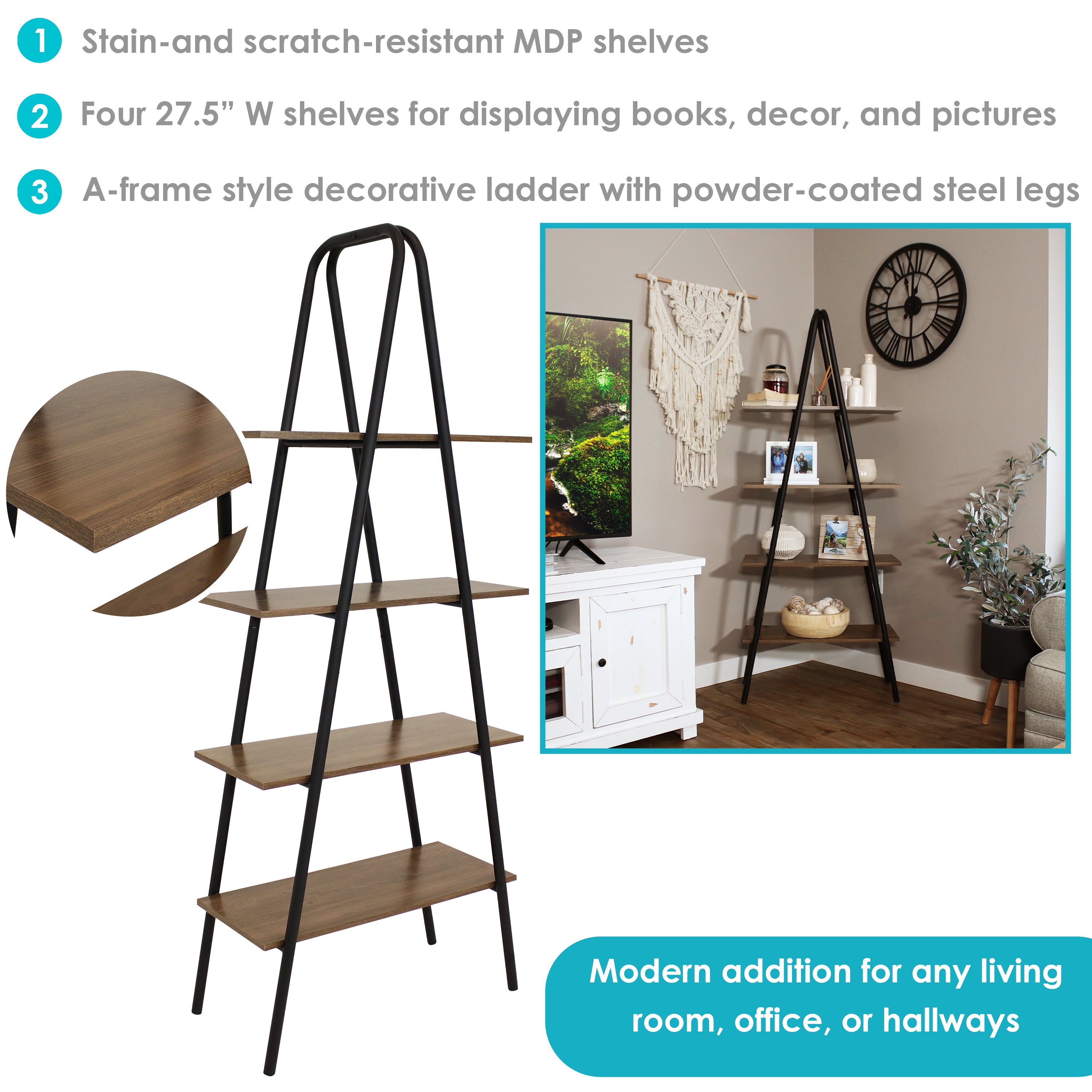 Sunnydaze 4-Tier Industrial Ladder Shelf - Rustic Brown Wooden Bookshelf for Home & Office Storage | Perfect for Living Room, Bedroom, Kitchen & Bathroom Organization