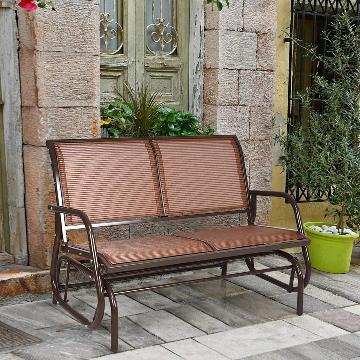 Giantex 48 Inch Swing Glider Chair - Spacious 2-Person Steel Rocking Loveseat for Patio, Backyard, Poolside & Lawn - Indoor/Outdoor Cozy Lounge Bench (Brown) | Perfect for Relaxing, Reading & Sunbathing