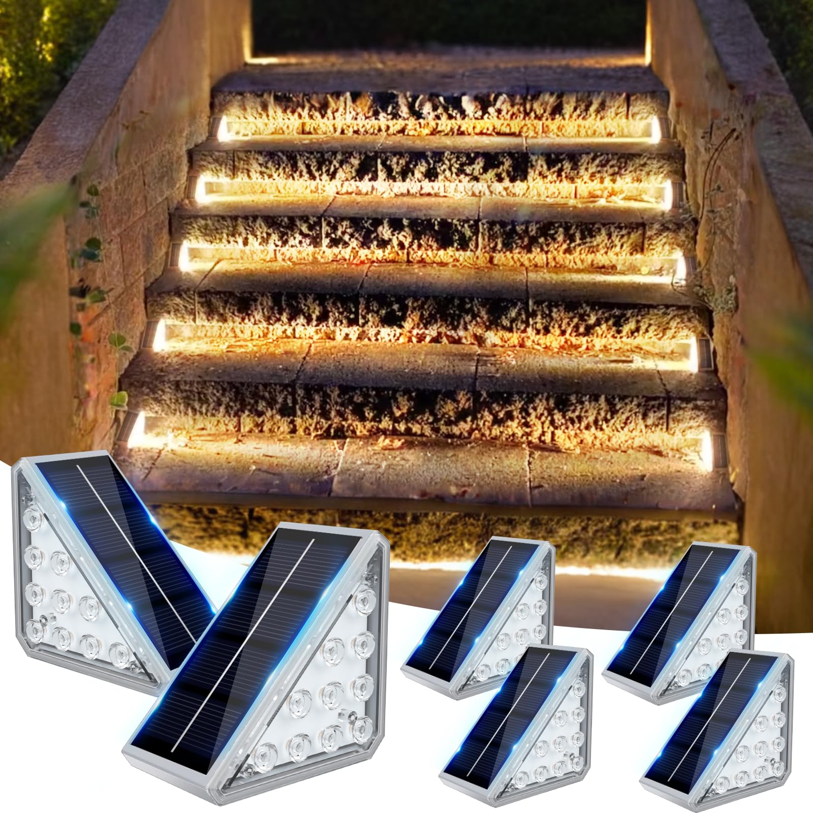 6 Pack Solar Stair Lights Outdoor Waterproof - Auto On/Off LED Step Lights for Deck, Patio, Pathway - IP67 Rated Warm White Lights for Home & Garden Decor - Perfect for Nighttime Safety & Ambiance