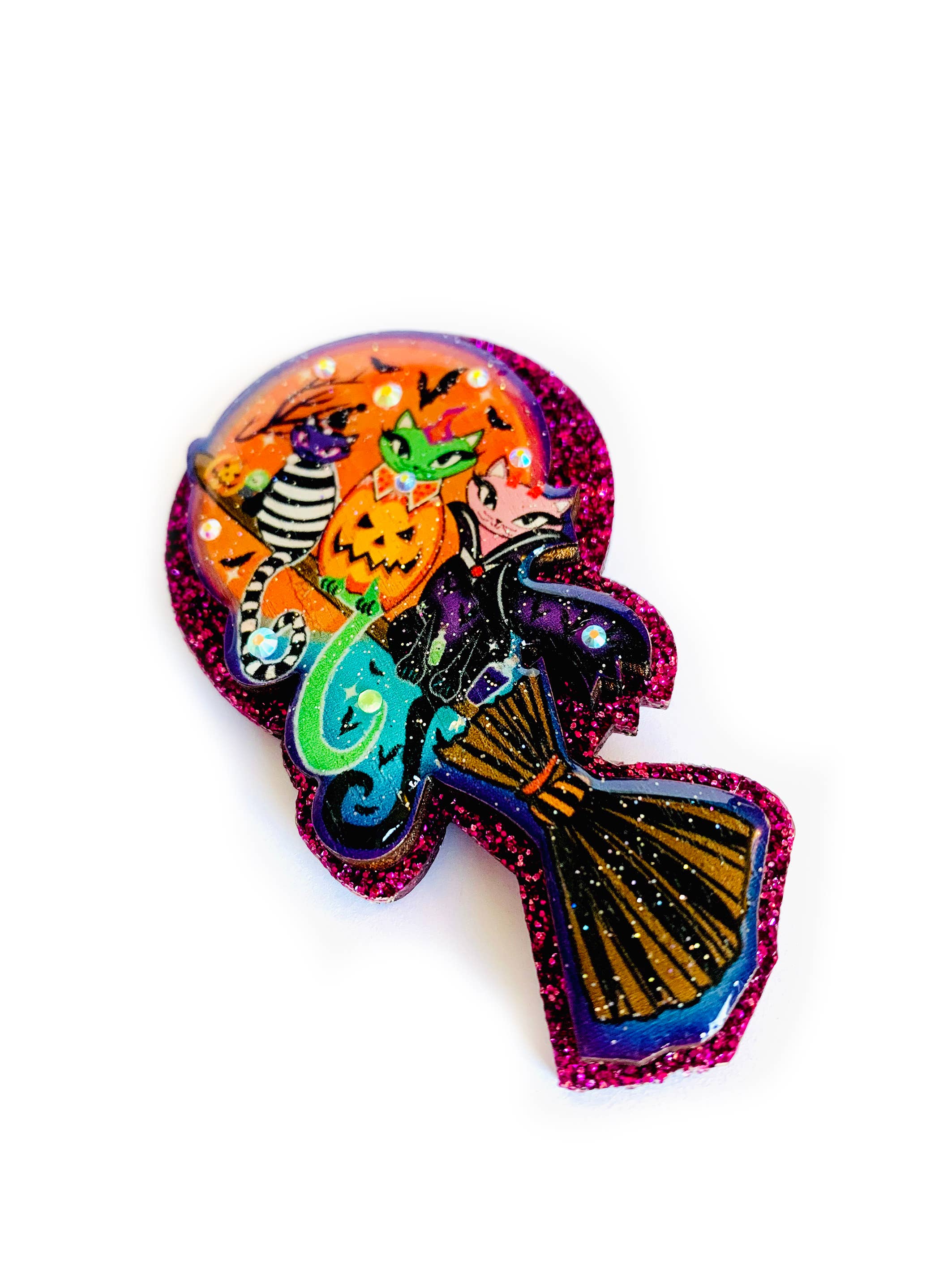 Rosie Rose Parker Cats on a Broomstick Brooch - Vintage Halloween Cat Pin for Witches Costume, Goth Fashion & Book Lover Accessories