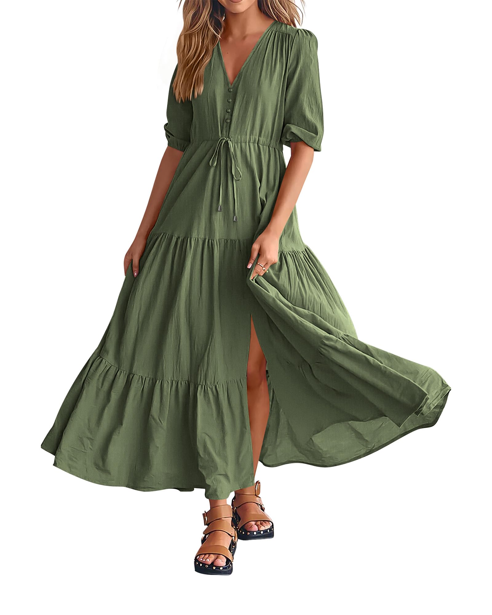 BTFBM Women's Summer Maxi Dress - Short Sleeve V-Neck Button Down Boho Long Dress with Drawstring Waist | Casual Beach, Vacation & Everyday Wear Solid Color Dress