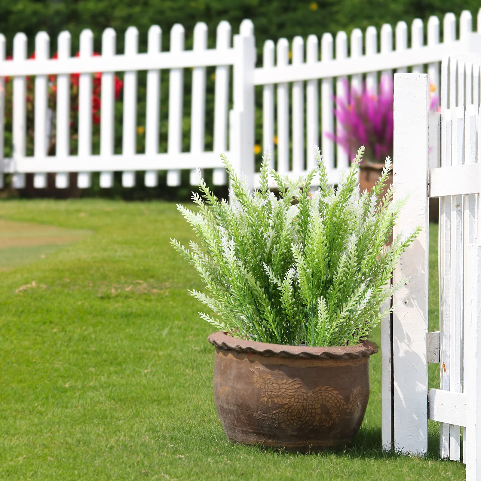 UV Resistant Artificial Lavender Flowers - 12 Bundles Faux Plastic Plants for Outdoor Garden, Porch & Window Box Decor - No Fade White Fake Flowers for Home & Wedding Decorations