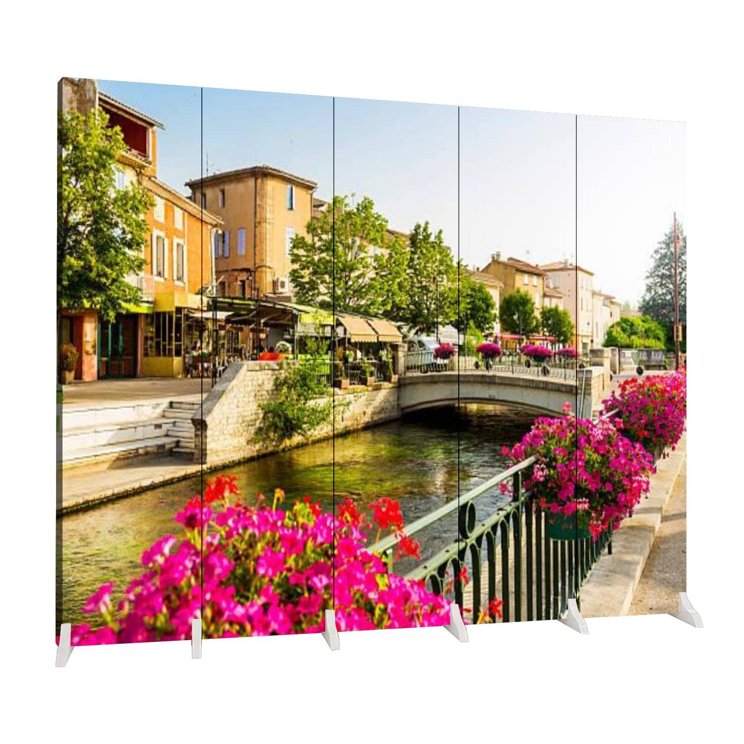 5-Panel Folding Room Divider - Canvas Privacy Screen Partition for Indoor Use | Freestanding Protective Wall Separator | Perfect for Home Office, Bedroom, and Living Room Space Division