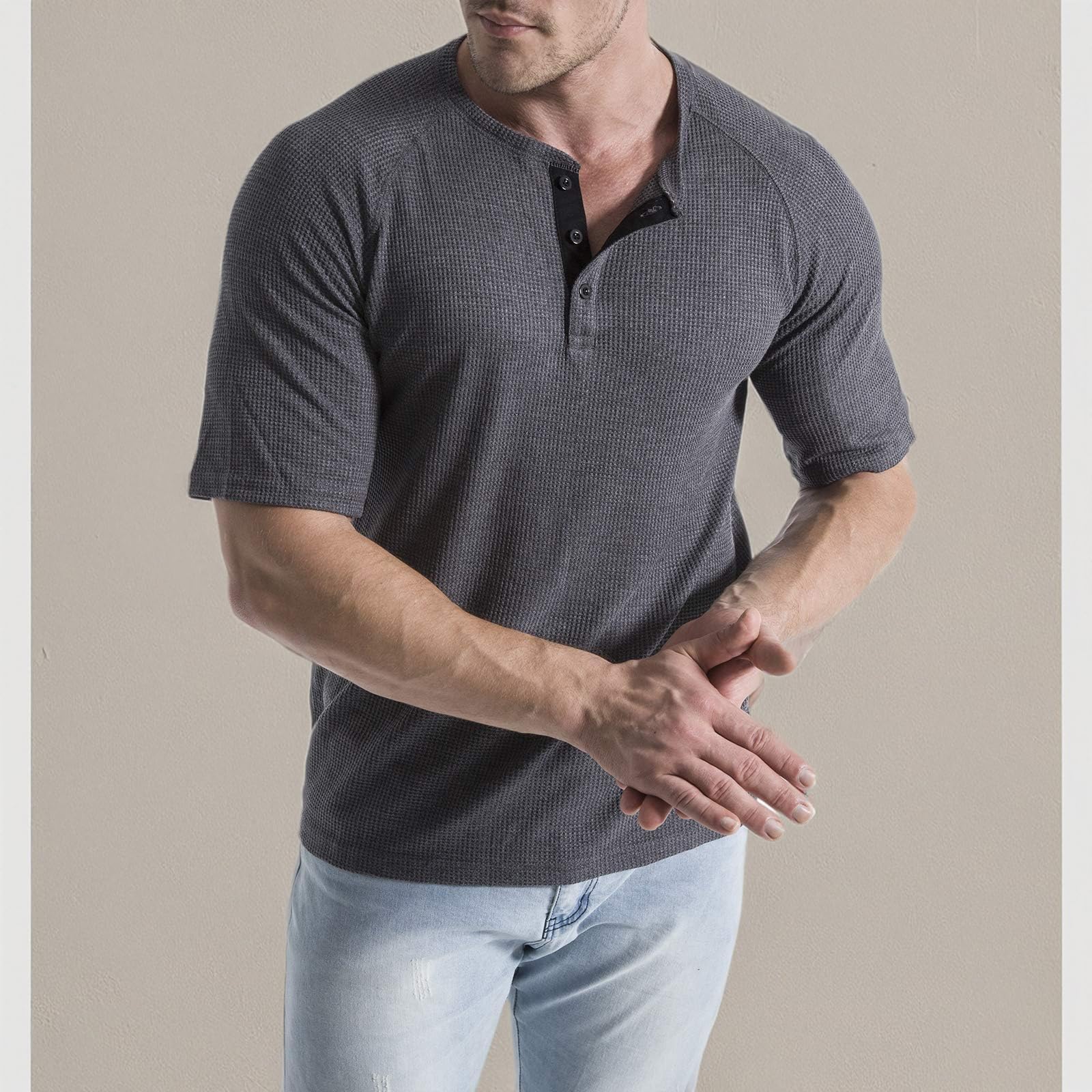 LOCALMODE Men's Waffle Henley Long Sleeve T-Shirt | Casual Crew Neck Shirt for Men | Perfect for Layering, Outdoor Activities & Everyday Wear