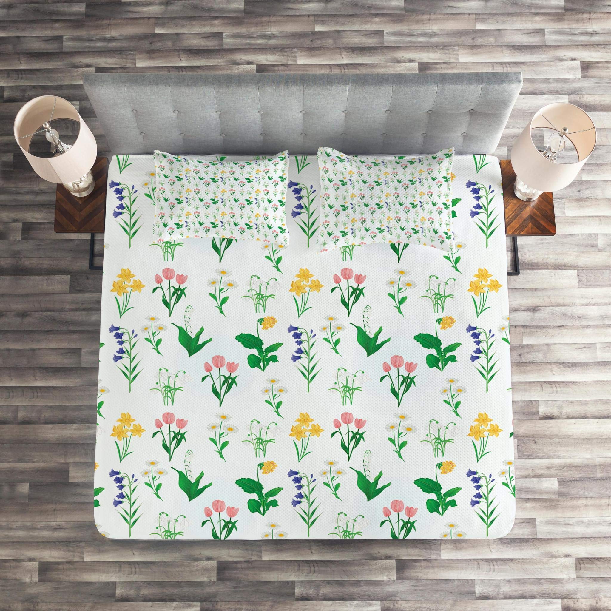 Lunarable Periwinkle Floral Bedspread Set - 3 Piece Queen Size Quilted Coverlet with 2 Pillow Shams | Spring Flowers Design Featuring Lily of The Valley, Snowdrops, Bluebell & Daffodil | Soft Decorative Bedding for Master Bedroom, Guest Room & Cozy Home Decor