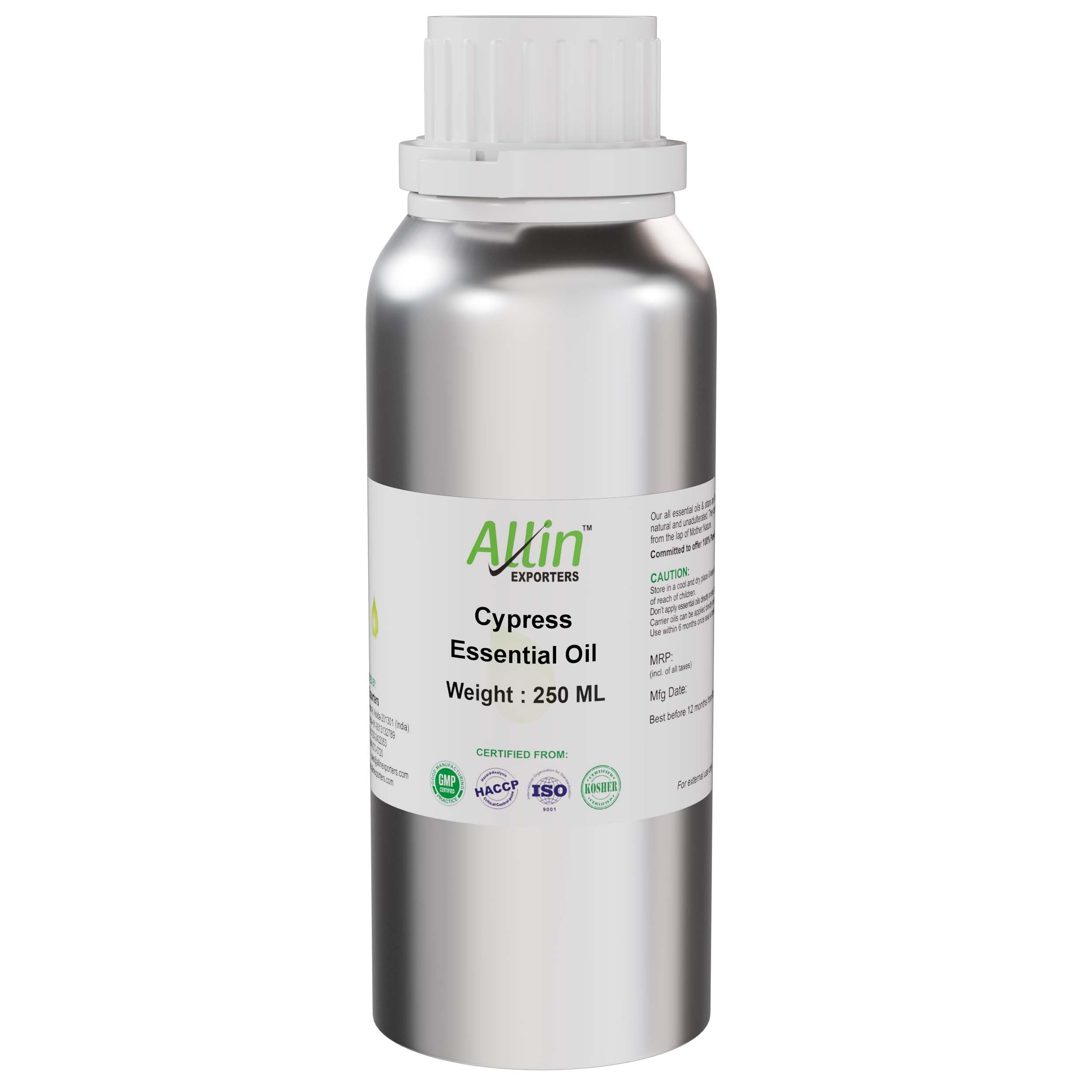Pure Natural Undiluted Cypress Essential Oil for Skincare, Haircare & Aromatherapy - 250ml Therapeutic Grade Oil for Relaxation, Massage & Diffuser Use | Allin Exporters