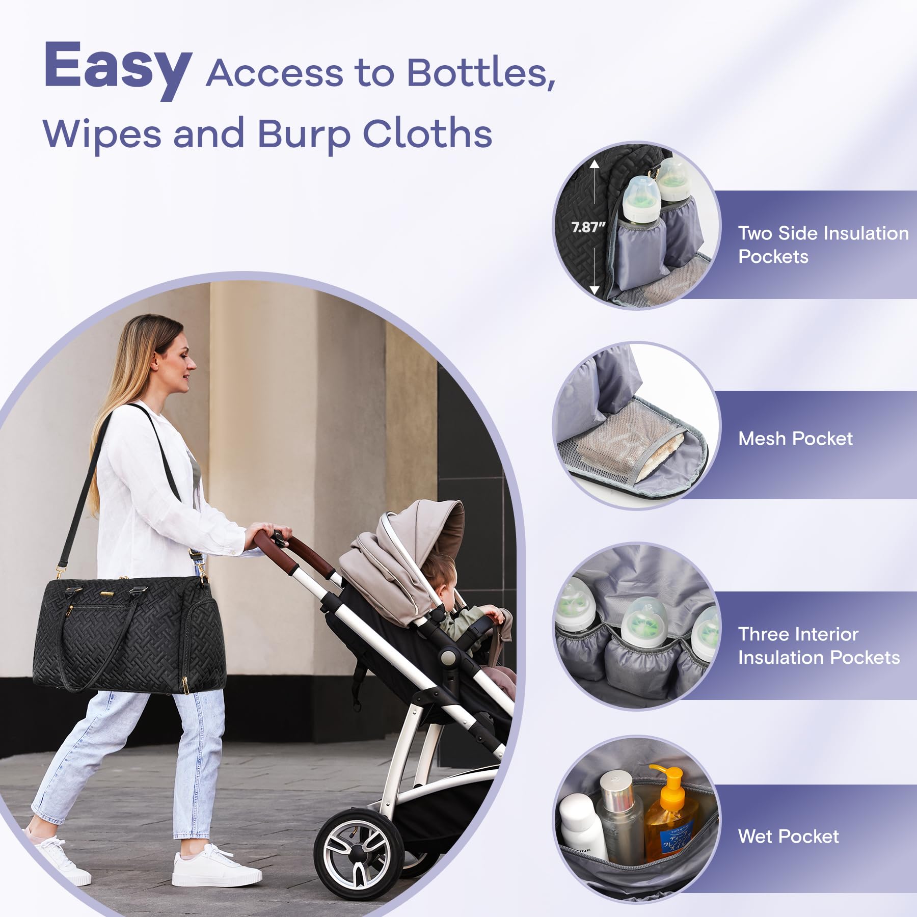 Iniuniu Waterproof Diaper Bag Tote with Changing Pad - Large Baby Travel Bag for Moms (Black)