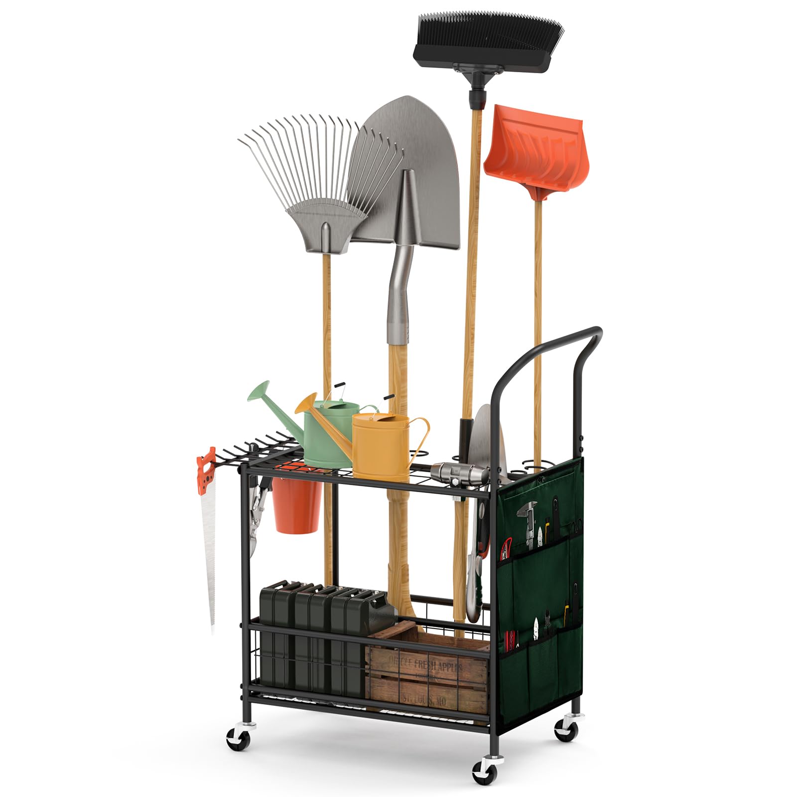 Black Heavy-Duty Garden Tool Organizer with Wheels & Storage Hooks - Yard Tool Stand for Garage, Shed & Outdoor Storage - Perfect for Organizing Rakes, Shovels & Gardening Equipment