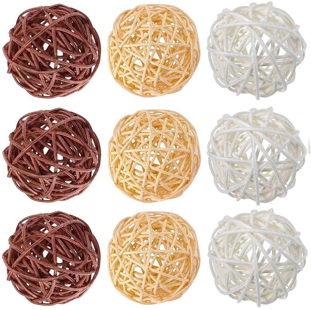 9 Pcs 3 Inch Wicker Balls Decorations - Natural Rattan Balls for Home Decor, DIY Vase Filler, Wedding Table Centerpiece, Nursery & Baby Room Décor (White, Natural, Coffee) | Perfect for Boho, Farmhouse & Rustic Style Home Styling
