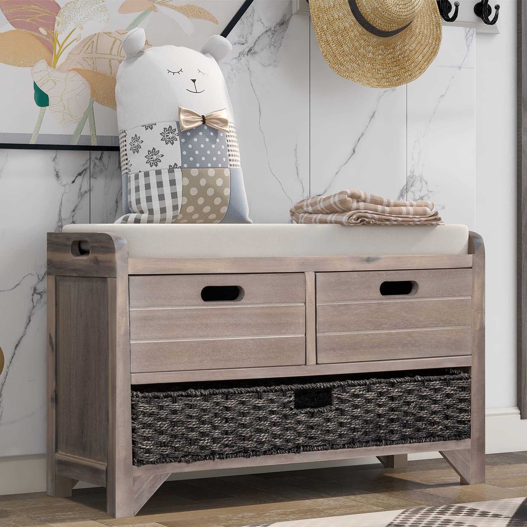 White Washed Storage Bench with Cushion & Drawers - Entryway, Bedroom, Living Room Organizer