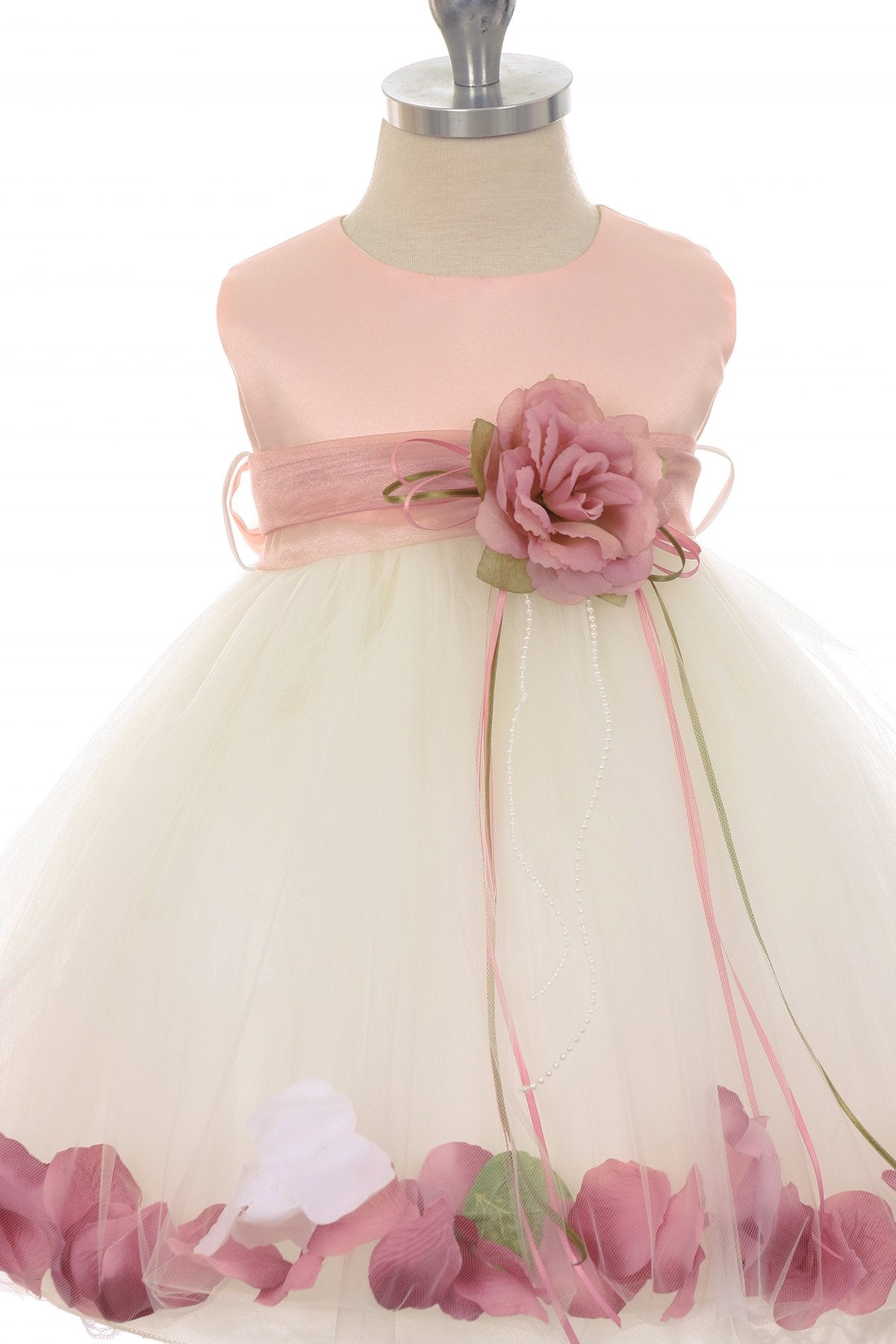 Elegant Dusty Rose Satin Flower Petal Baby Dress with Organza Sash - Perfect for Christening, Photoshoots & Special Occasions