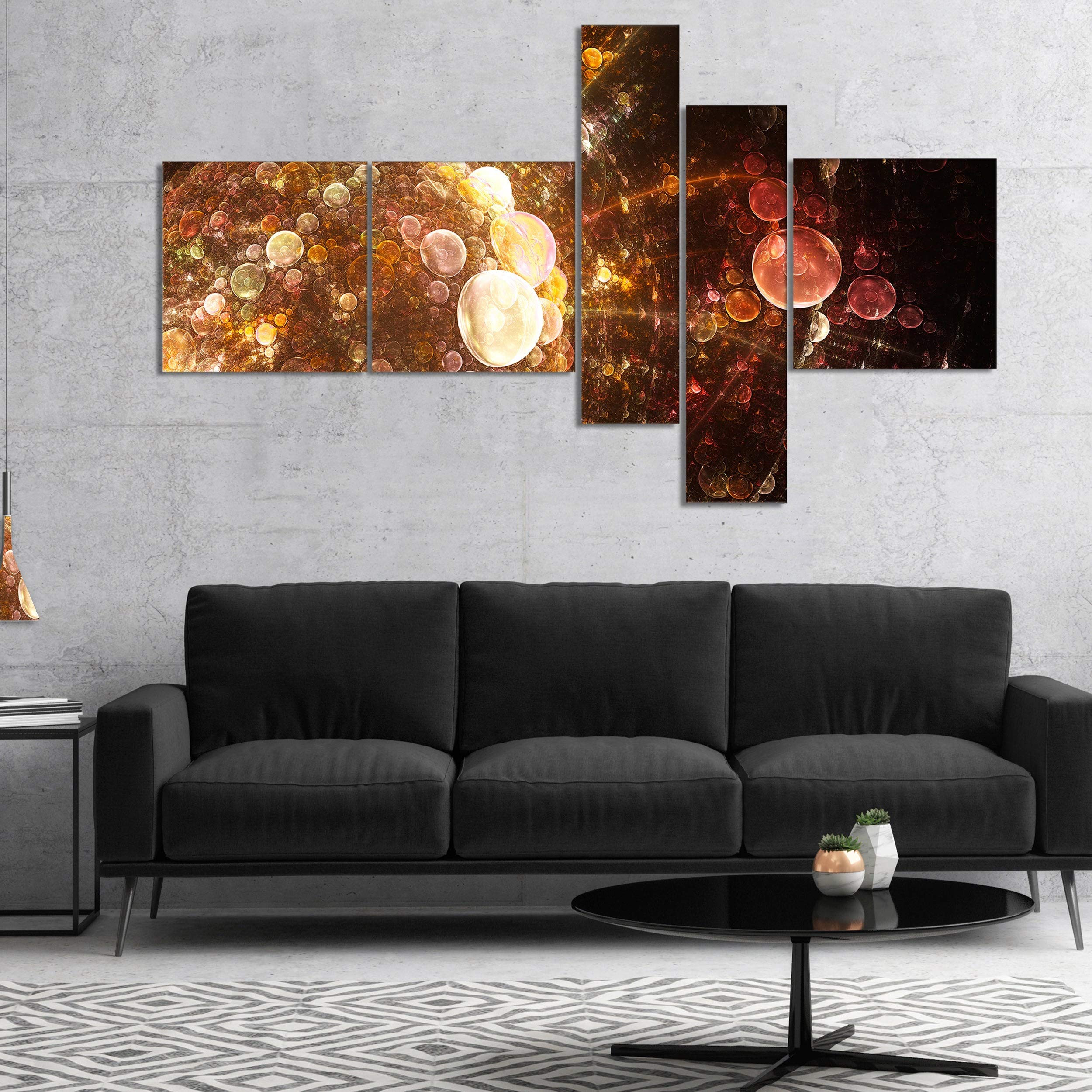 Brown World Bubbles Water Drops Floral Canvas Wall Art Print - 60x32 Inch 4-Panel Modern Abstract Painting - Home Office Decor, Living Room Bedroom Wall Decor