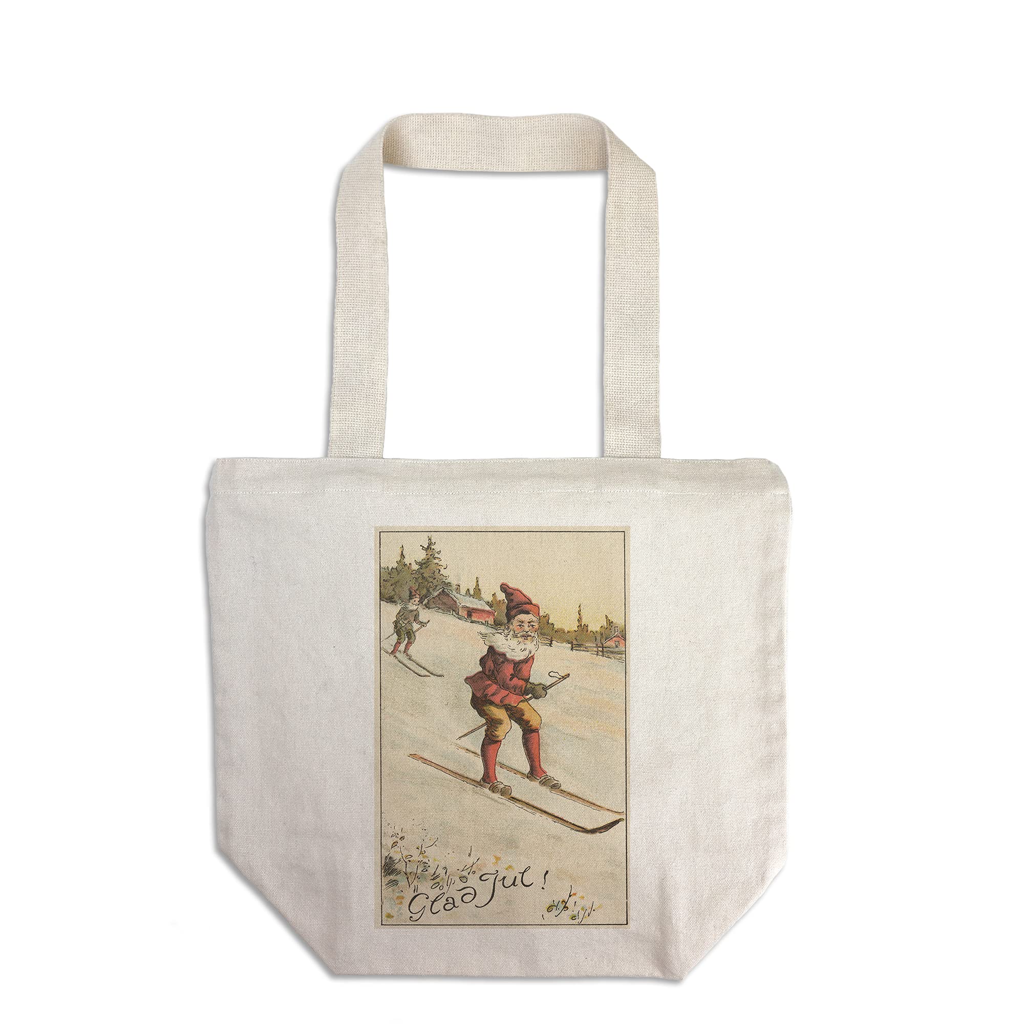 Santa Skiing Christmas Greeting Tote Bag - 100% Cotton Canvas Reusable Shopping Bag for Holiday Gifts, Groceries & Beach Trips