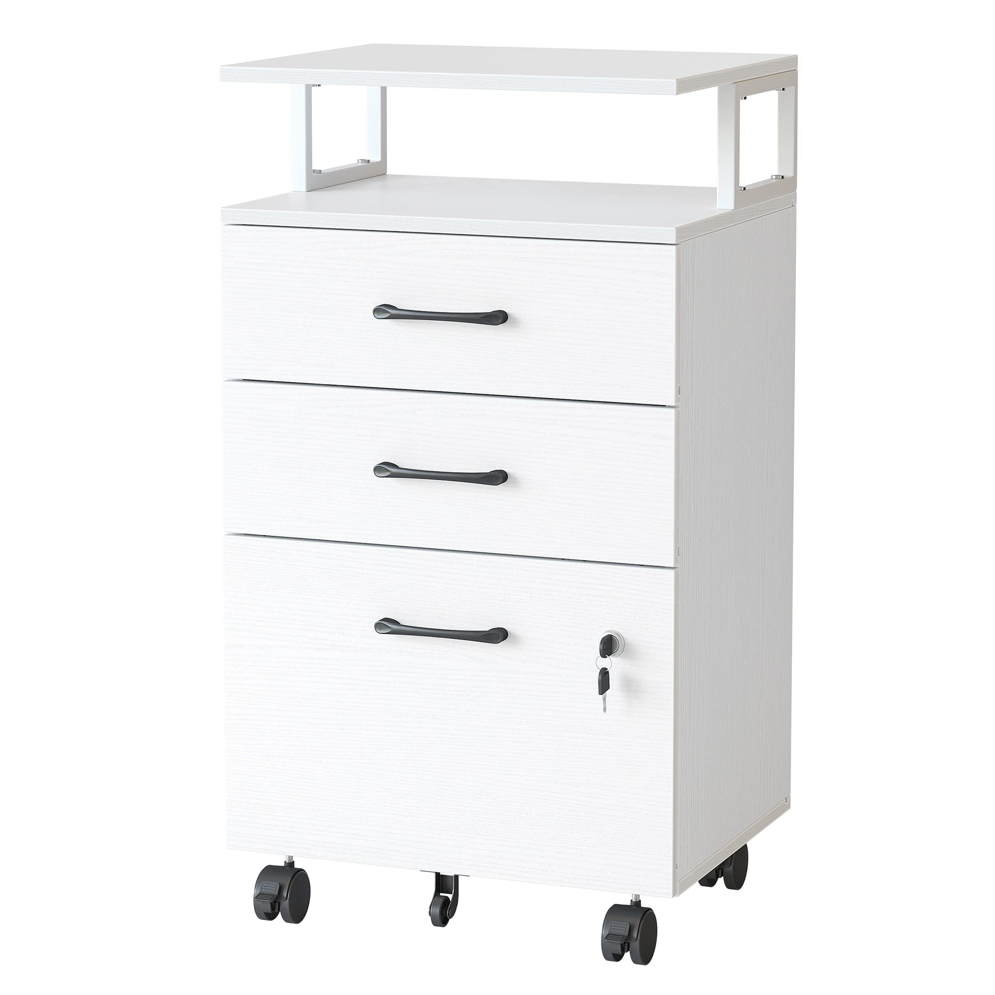 FEZIBO 3-Drawer Locking File Cabinet with Wheels - Home Office Storage for A4, Letter & Legal Documents - White Wooden Printer Stand & Rolling File Organizer - Perfect for Small Spaces & Workspace Organization