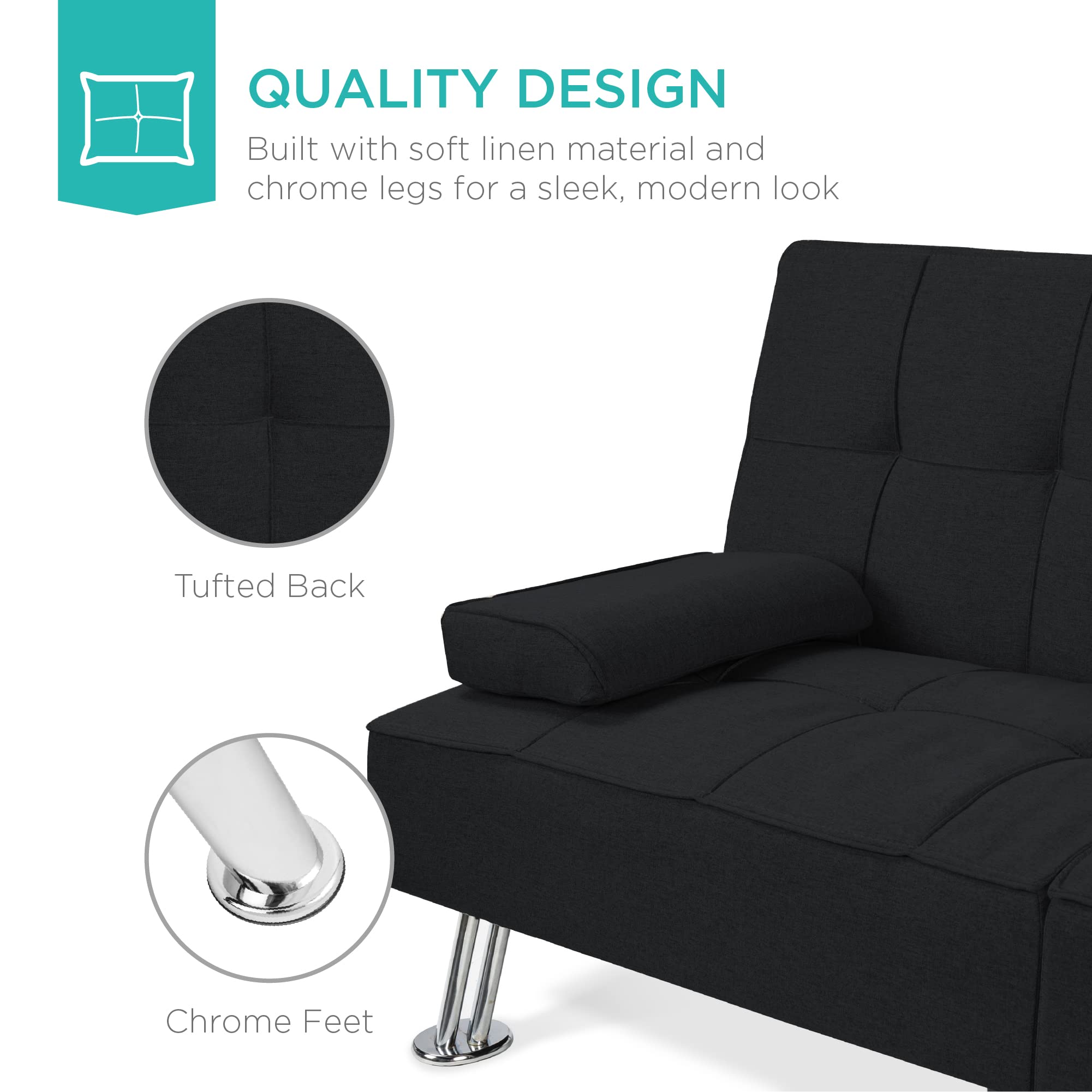 Best Choice Products Modern Folding Futon Sofa Bed - Convertible Linen Recliner for Small Spaces, Apartments & Dorms with Removable Armrests & 2 Cup Holders - Black | Space-Saving Sleeper Solution for Living Rooms, Guest Rooms & Studio Apartments