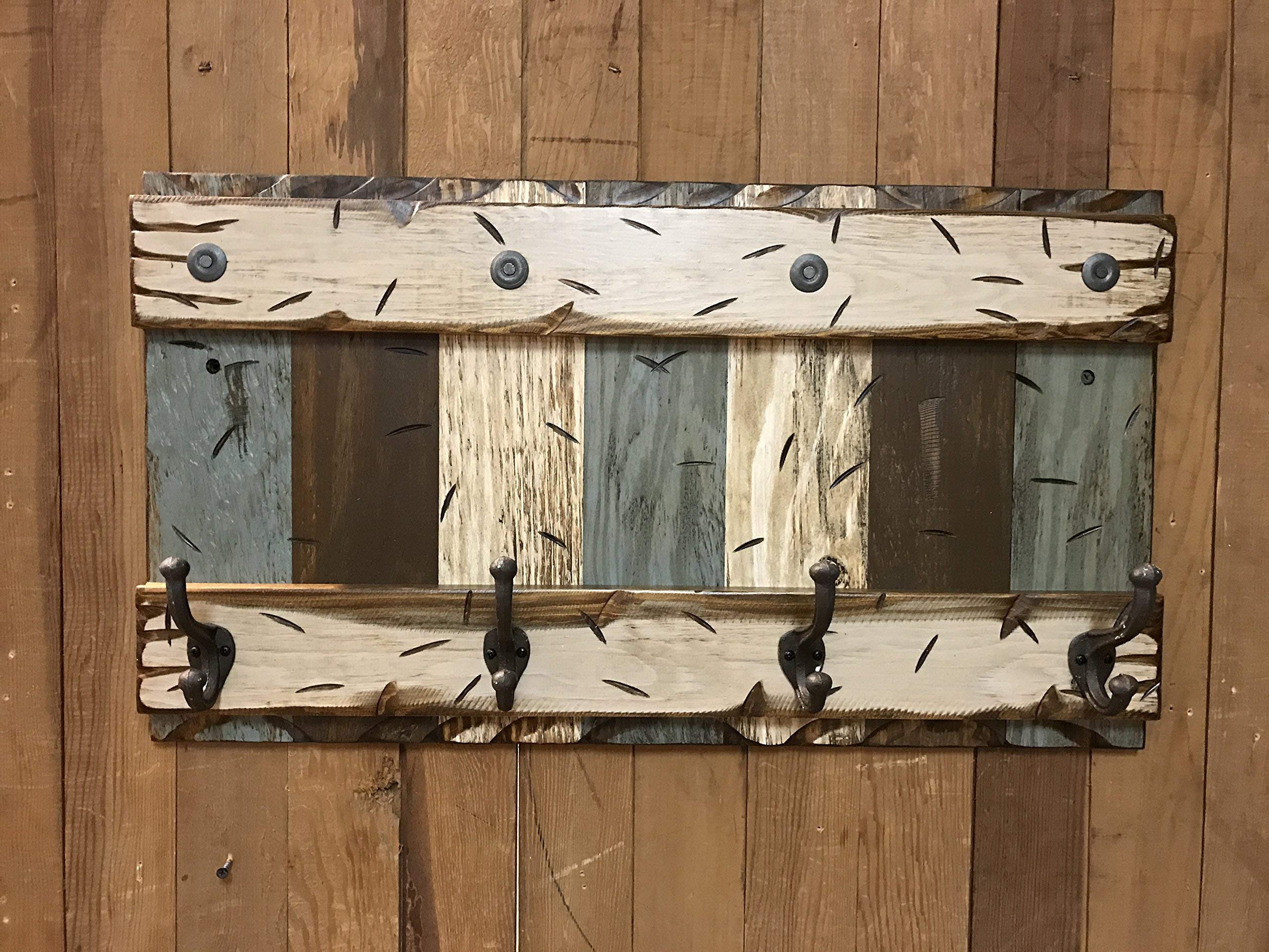 Rustic Distressed Wood Coat Rack with 4 Metal Hooks - 28