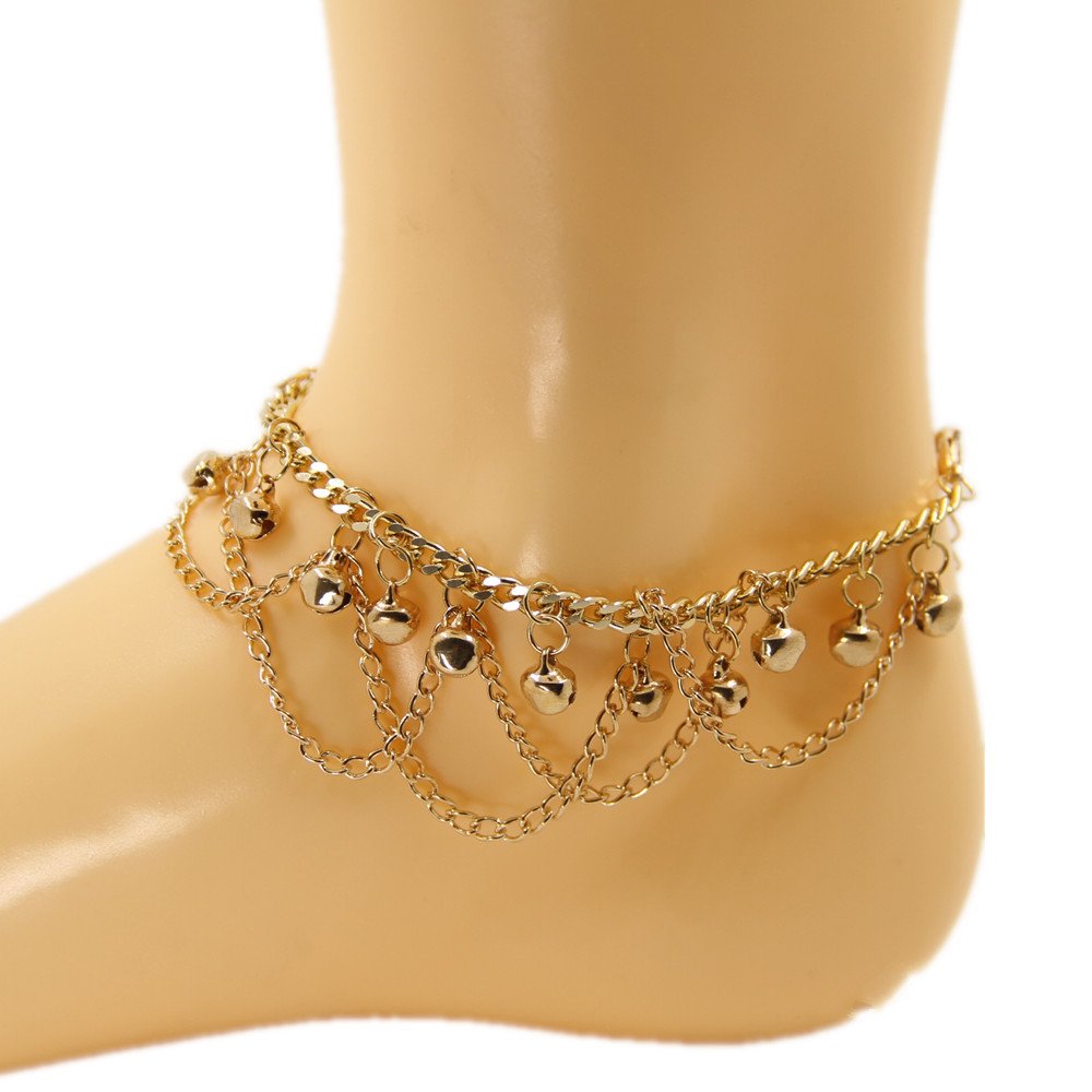 GUIDECUN Indian Traditional Yoga Belly Dance Anklet with Tassels - Boho Sequins Metal Bell Ankle Bracelet for Women & Girls - Golden Foot Jewelry for Beach, Festival, and Dance Performances (1 Piece)