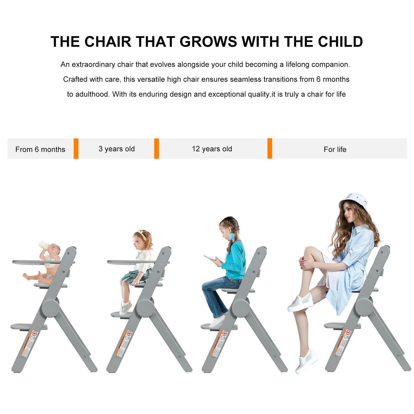 LIVINGbasics Adjustable Wooden High Chair with Removable Tray - Safe Baby Dining Chair for Toddlers & Kids - Perfect for Study, Mealtime & Step Stool Use at Home