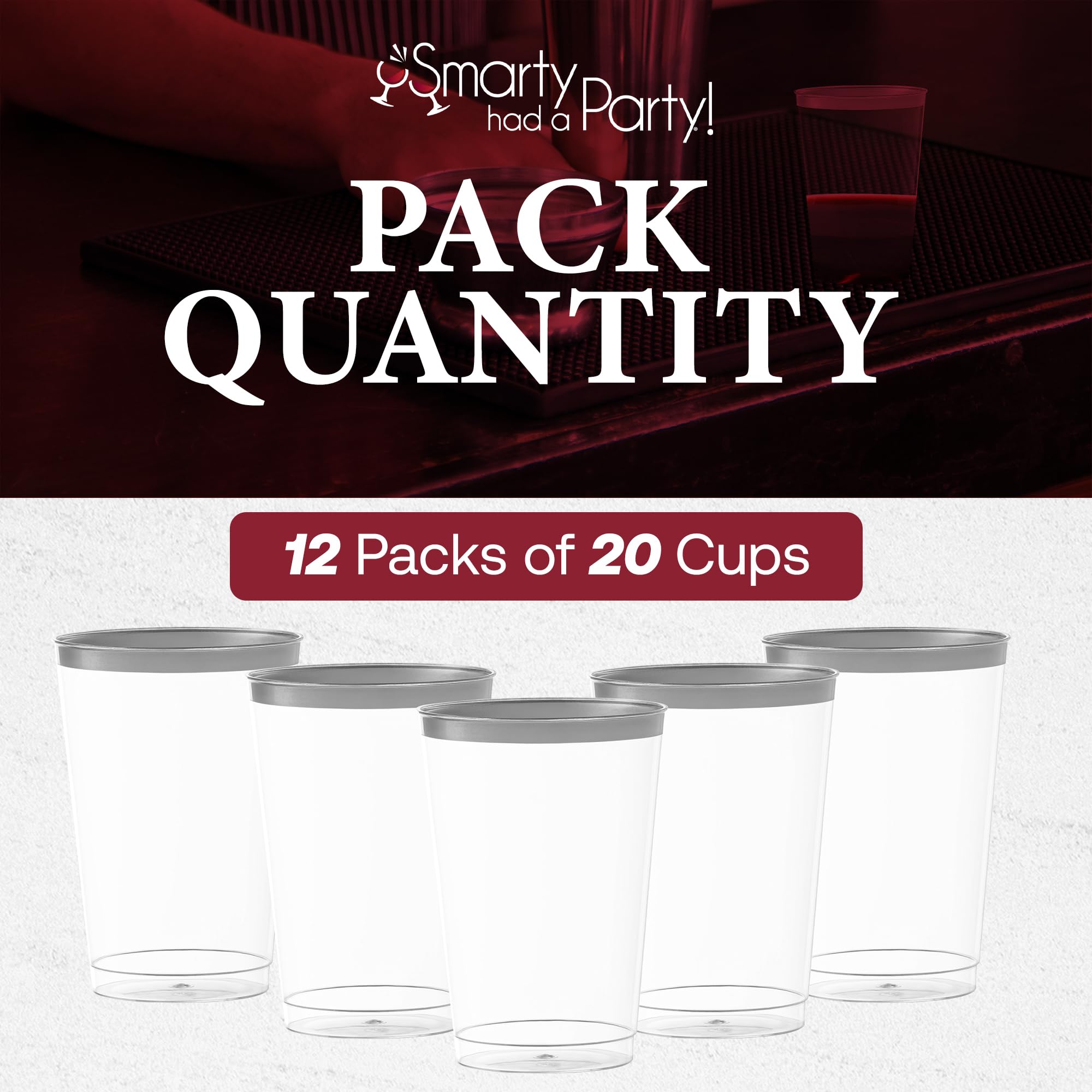Smarty Had A Party 12 oz Clear Disposable Plastic Cups with Silver Rim - 240 Pack | Elegant Cocktail, Iced Coffee & Smoothie Tumblers | Durable Drinkware for Parties, Weddings, BBQs & Events | Perfect for Home, Office & Catering Use