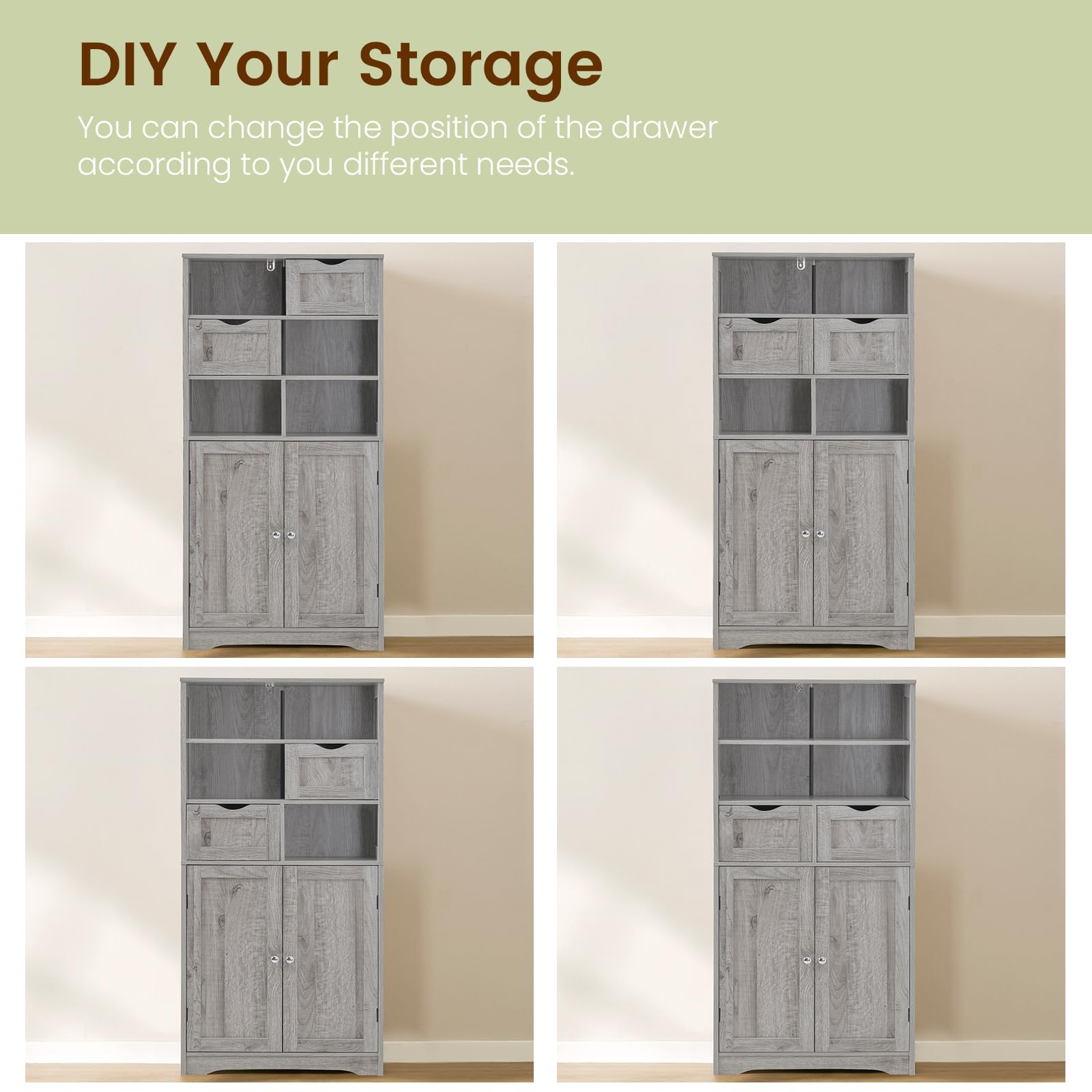 Iwell Tall Storage Cabinet with 2 Drawers & Adjustable Shelves - Bathroom Cabinet with Doors, Cupboard Organizer for Living Room, Dining Room, Entryway - Grey - Perfect for Home Organization & Small Space Storage Solutions