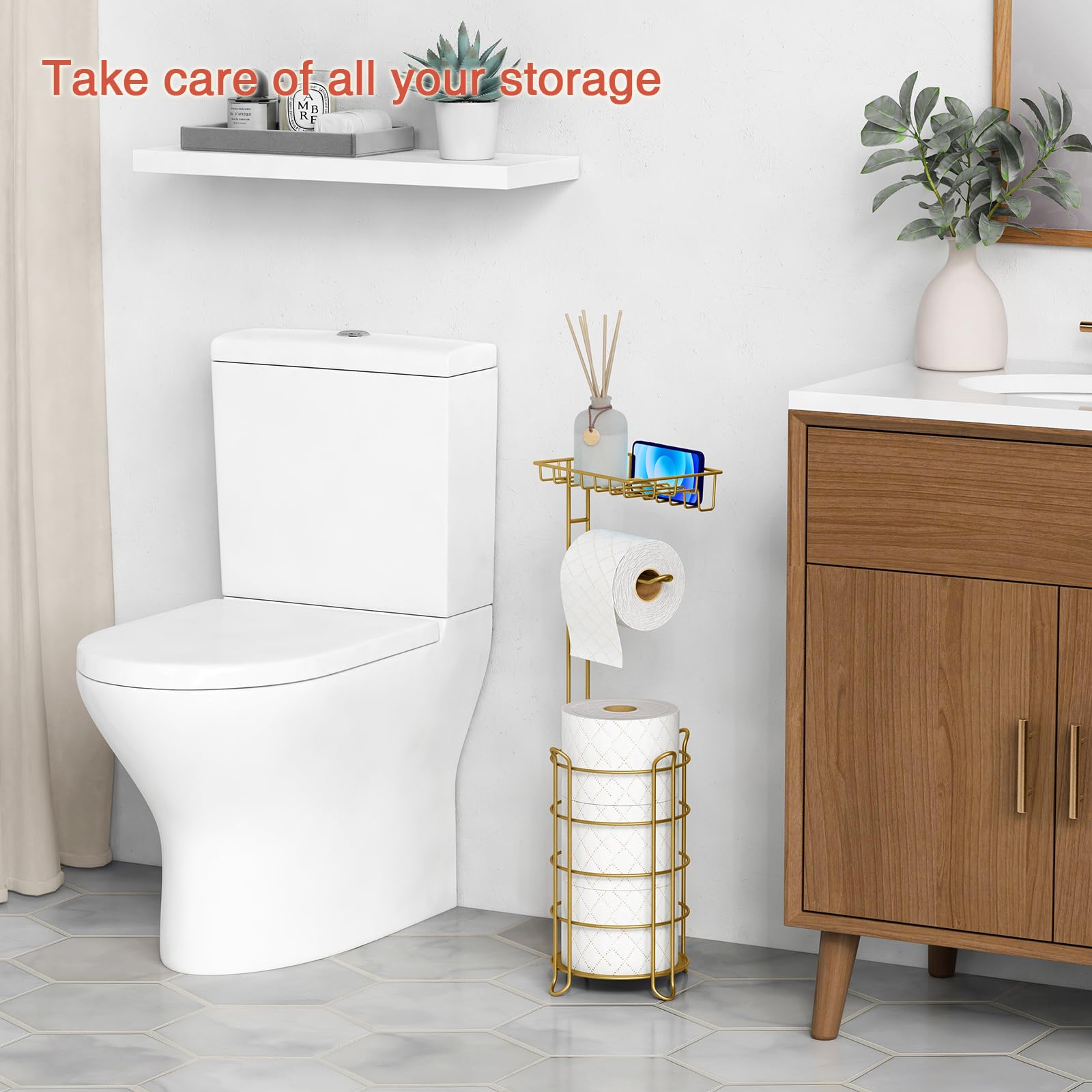 Gold Freestanding Toilet Paper Holder Stand with Phone Shelf & Wipes Tray - Heavy Duty Metal Floor Bathroom Tissue Organizer for Large Mega Rolls - Perfect for Home, Office & Guest Bathrooms