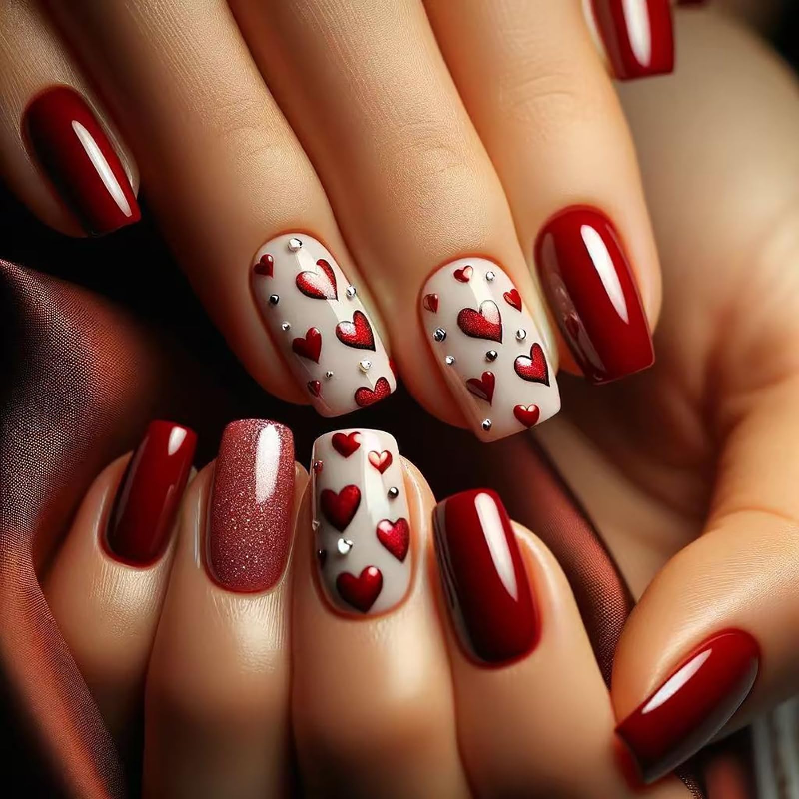 24 Pcs Valentine’s Day Press on Nails - Medium Length Square Fake Nails with Red Heart & Rhinestone Design, Includes Glue | Acrylic False Nails for Women | Perfect for Date Night, Parties & Holiday Gifts