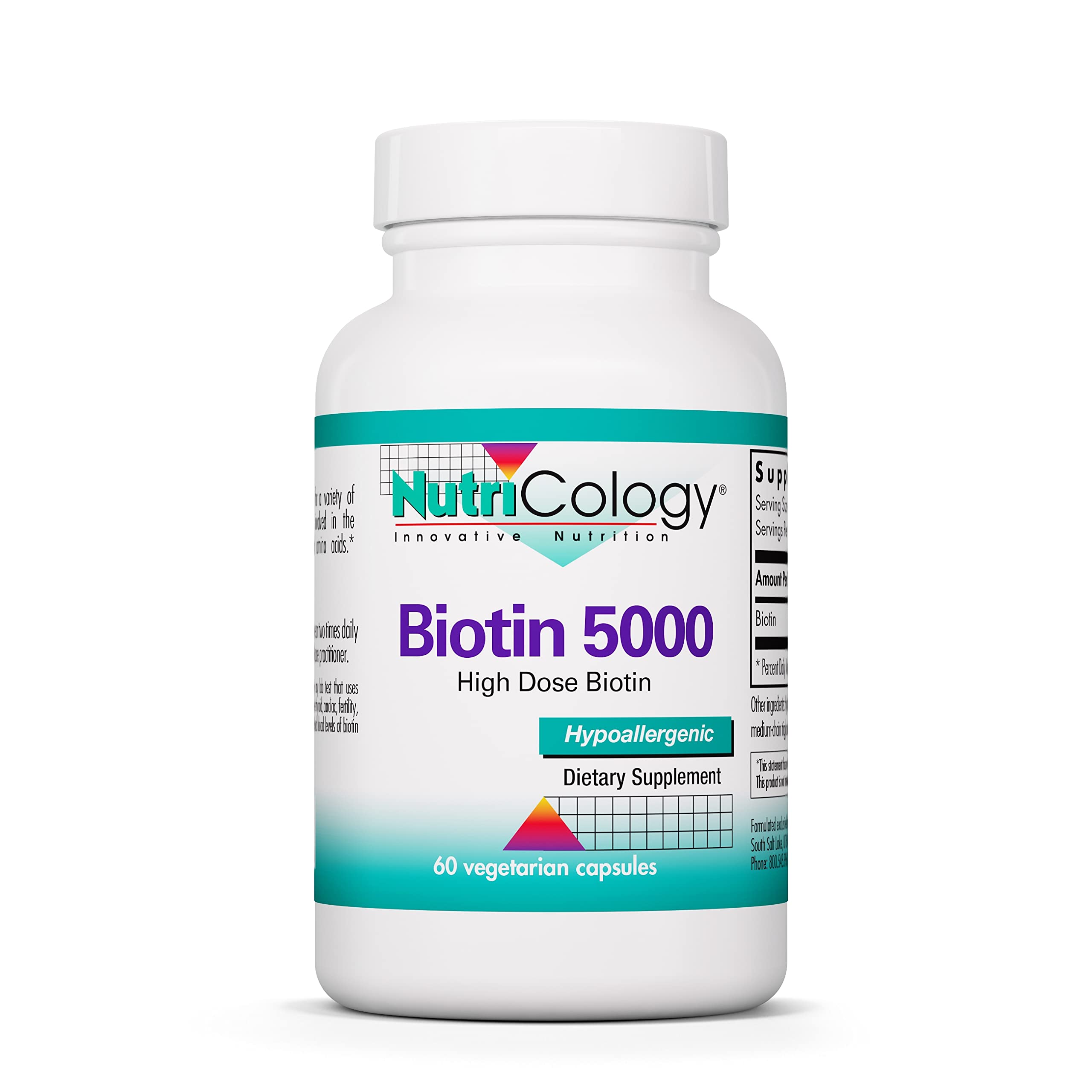 NutriCology Biotin 5000mcg Supplement for Hair Growth, Strong Nails & Metabolism Support - 60 Vegetarian Capsules - Perfect for Men & Women Seeking Thicker Hair & Healthy Skin