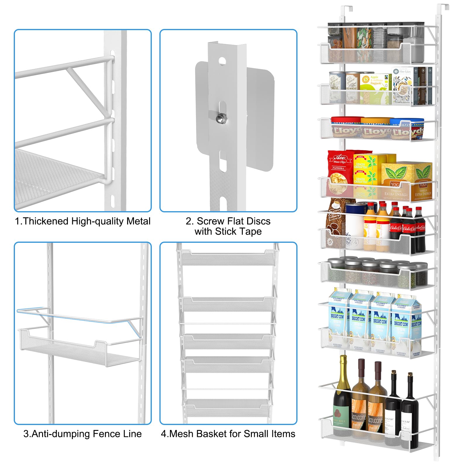 8-Tier Over the Door Pantry Organizer with Adjustable Baskets - White Space Saving Kitchen Storage for Spices, Snacks & Cleaning Supplies - Perfect for Pantry, Bedroom or Bathroom Organization