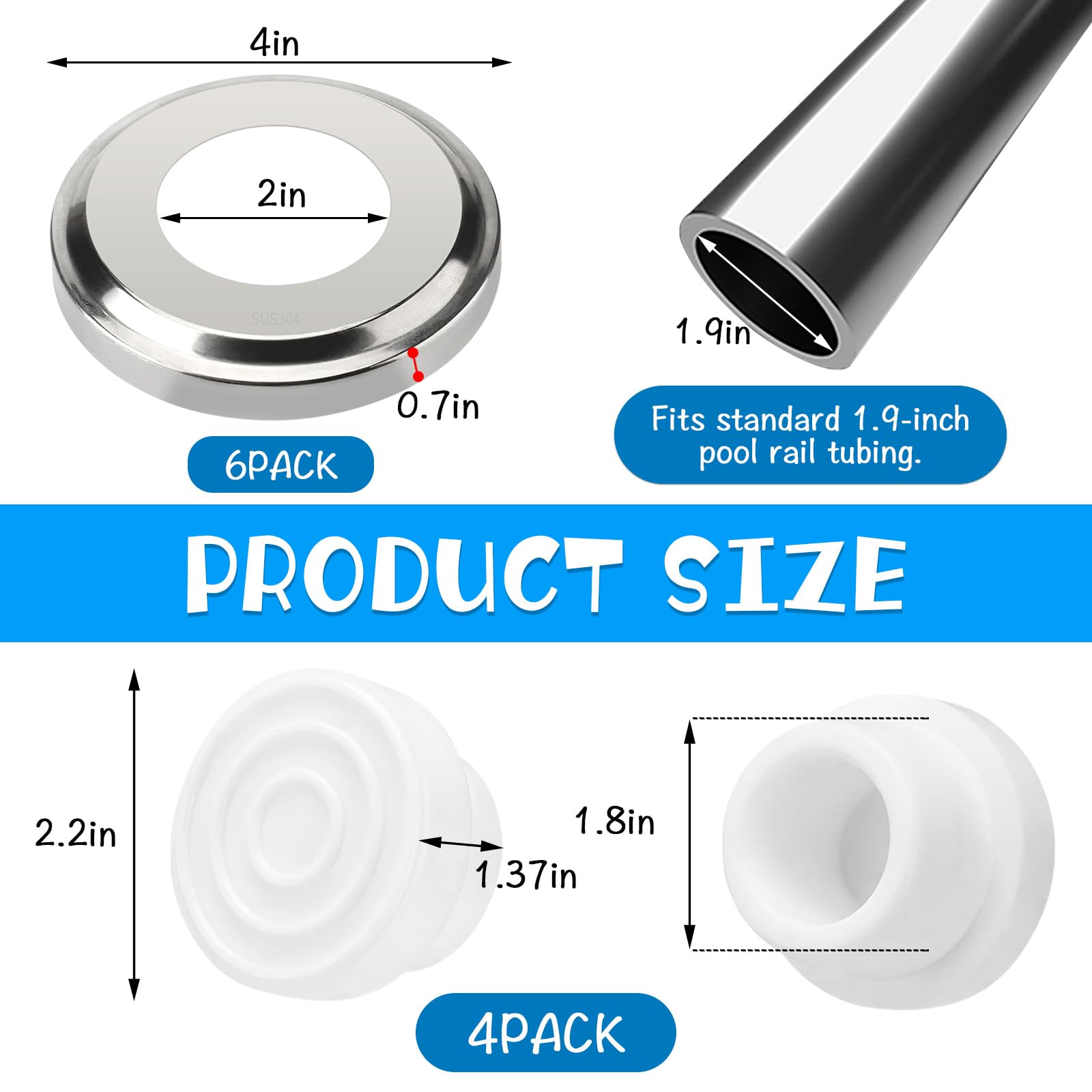 6Pcs Stainless Steel Pool Ladder Escutcheon Plates & 4Pcs Rubber Pool Ladder Plugs - Fits 1.9
