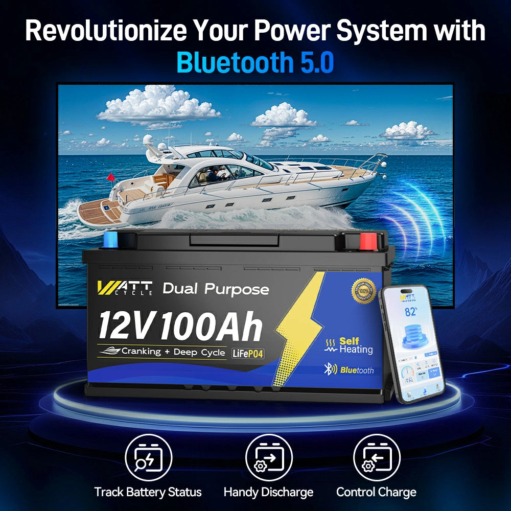 12V 100Ah 1200CCA Deep Cycle Marine Battery with Bluetooth Monitoring - Perfect for Boats, RVs, and Off-Grid Power Systems