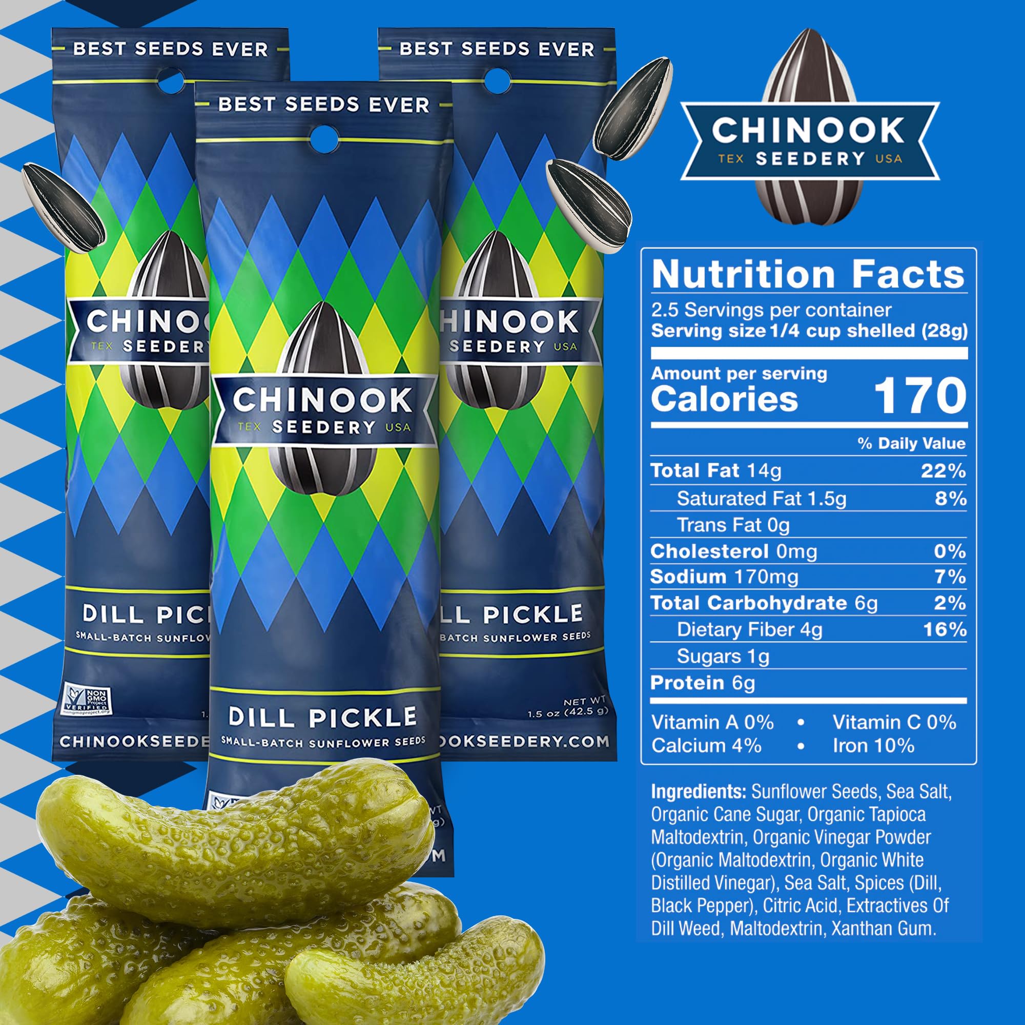 Roasted Jumbo Sunflower Seeds - Low Sodium, Keto, Gluten Free, Non-GMO Snacks - 1.5 oz (Pack of 36) - Perfect for Adventure, Baseball Games, School Lunches & Healthy On-the-Go Snacking - Dill Pickle Flavor