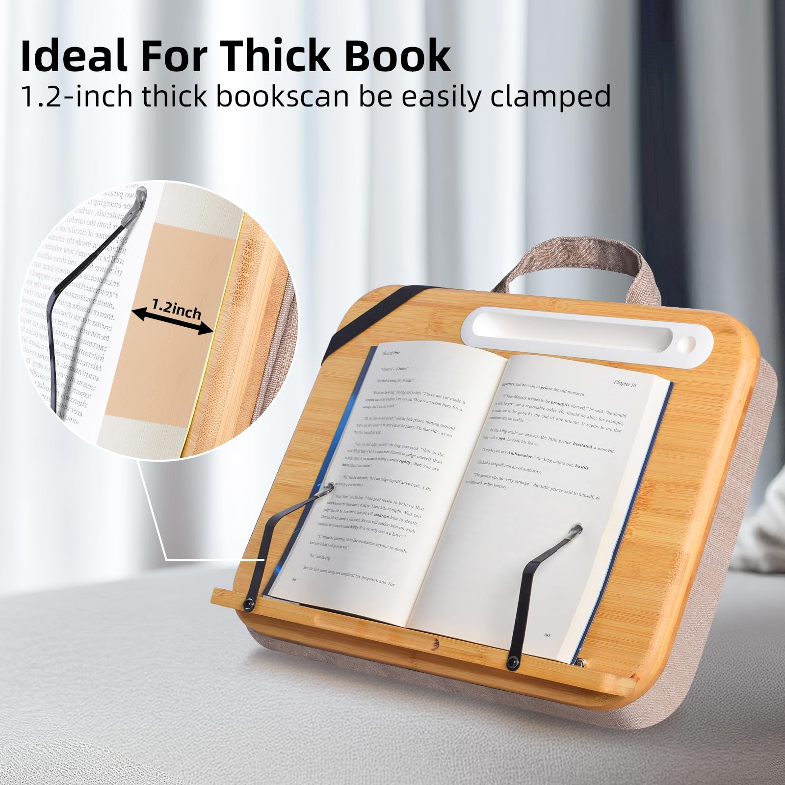 **Bamboo Book Stand for Reading in Bed - Hands Free Lap Holder with Page Clips - Portable Reading Shelf for Cookbooks, Textbooks, Bibles - Perfect for Bed, Sofa, Couch & Office Use**