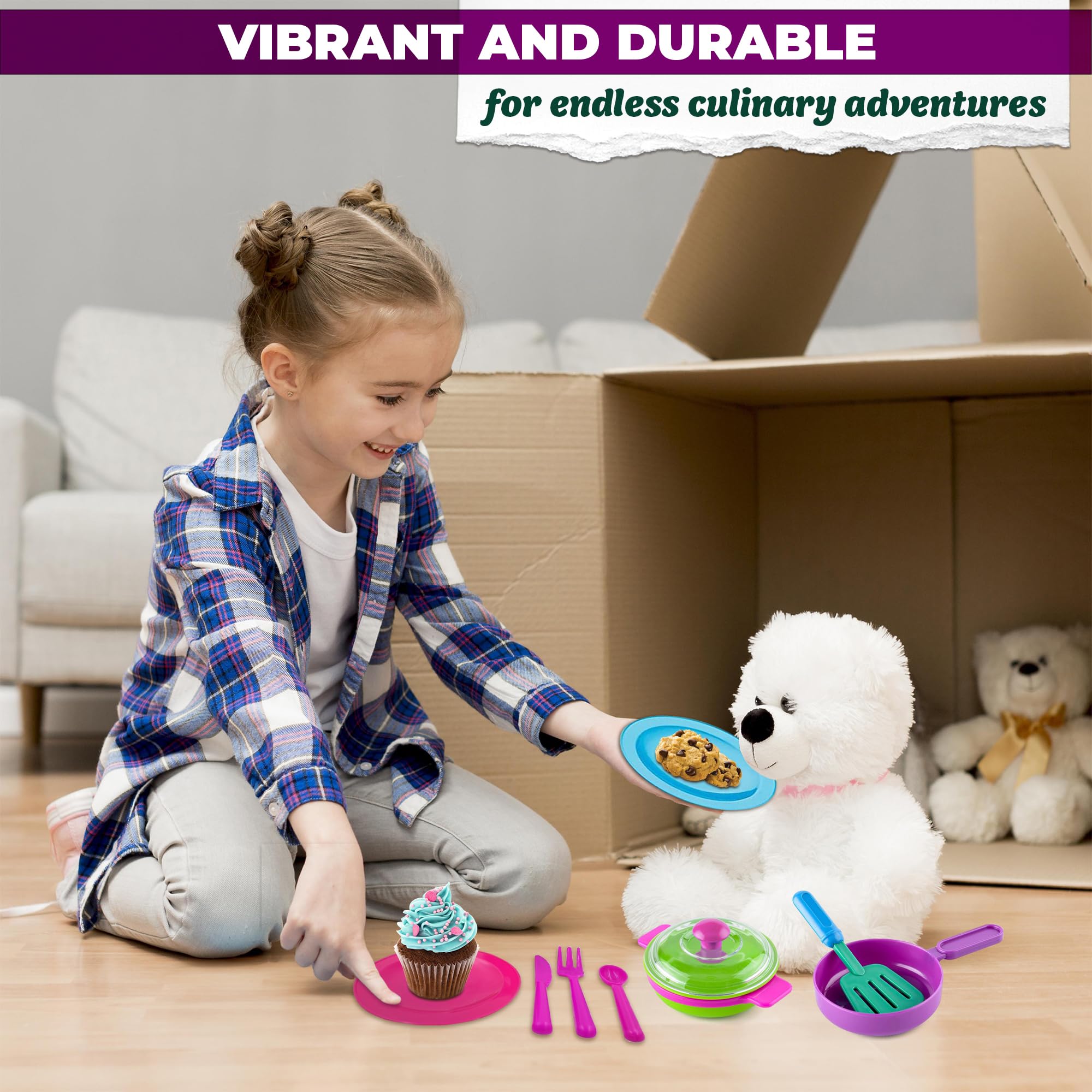 **27Pcs Kids Play Kitchen Dishes Set - Pretend Play Plates, Bowls & Utensils for Toddlers - Durable Plastic Toy Dishes for Indoor/Outdoor Play Kitchen Accessories**    *(Use for pretend cooking, tea parties, outdoor picnics & role-playing games!)*