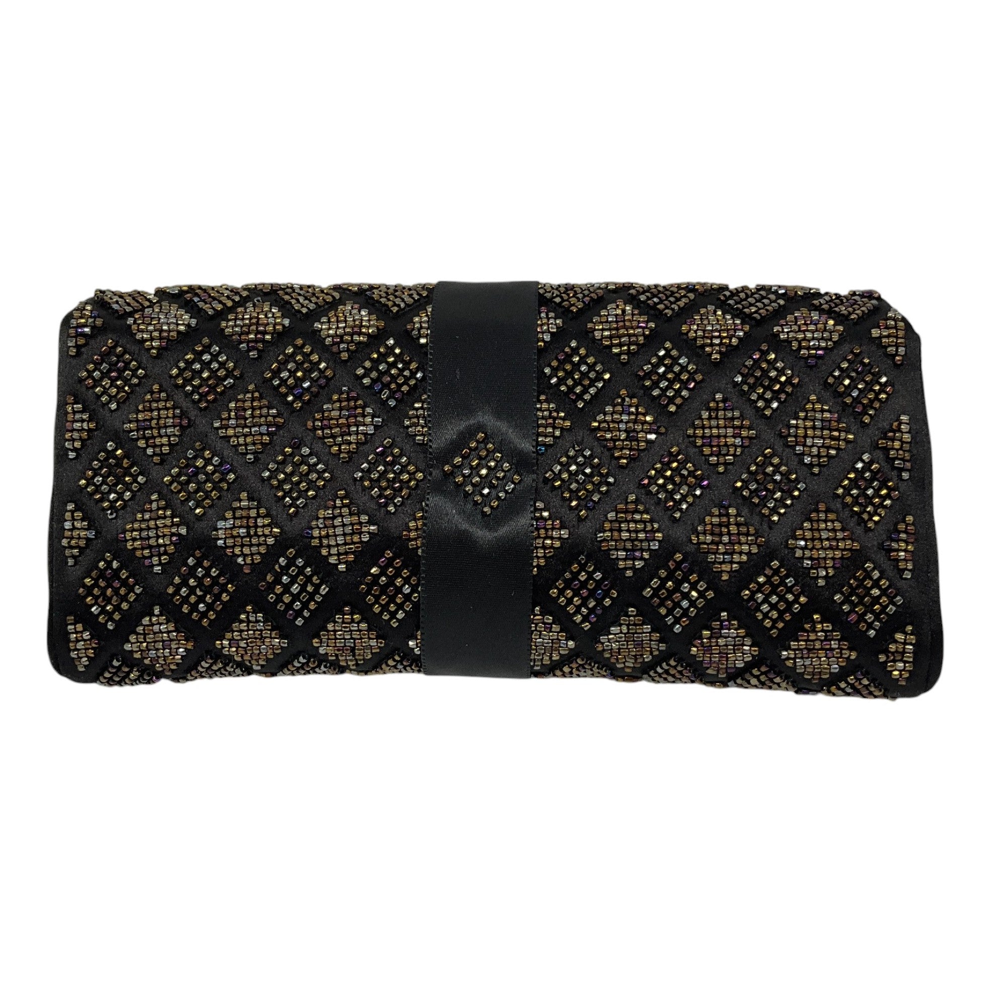 Chanel Black Beaded Ribbon Bow Satin Clutch Handbag for Women | Elegant Evening Bag for Parties, Weddings & Special Occasions