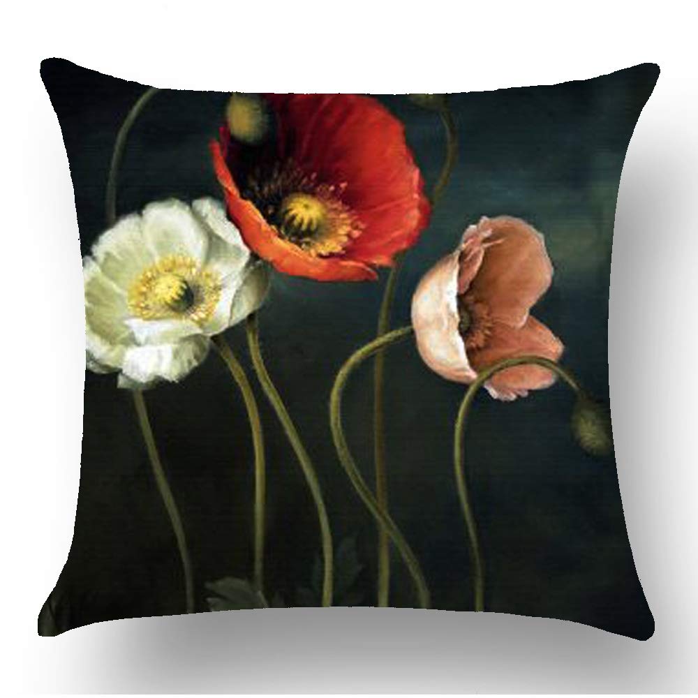 Hand Painted Poppy Flower Oil Painting Pillow Cover - 18x18 Inch Cotton Linen Square Throw Pillow Case for Sofa, Living Room Decor (Pink, White, Red Poppies with Green Stems on Green Background) - Perfect for Bohemian Home Decor, Farmhouse Style Living Rooms & Cozy Bedroom Accents