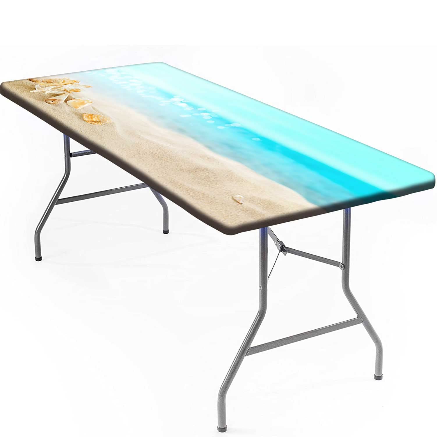 Summer Shells Fitted Tablecloth - Sandy Beach Pattern Elastic Edge Table Cover 96x30 Inch - Waterproof Polyester for Indoor Dining & Outdoor Picnics - Blue Coastal Decor for Beach Parties, Patio Dining & Summer Entertaining