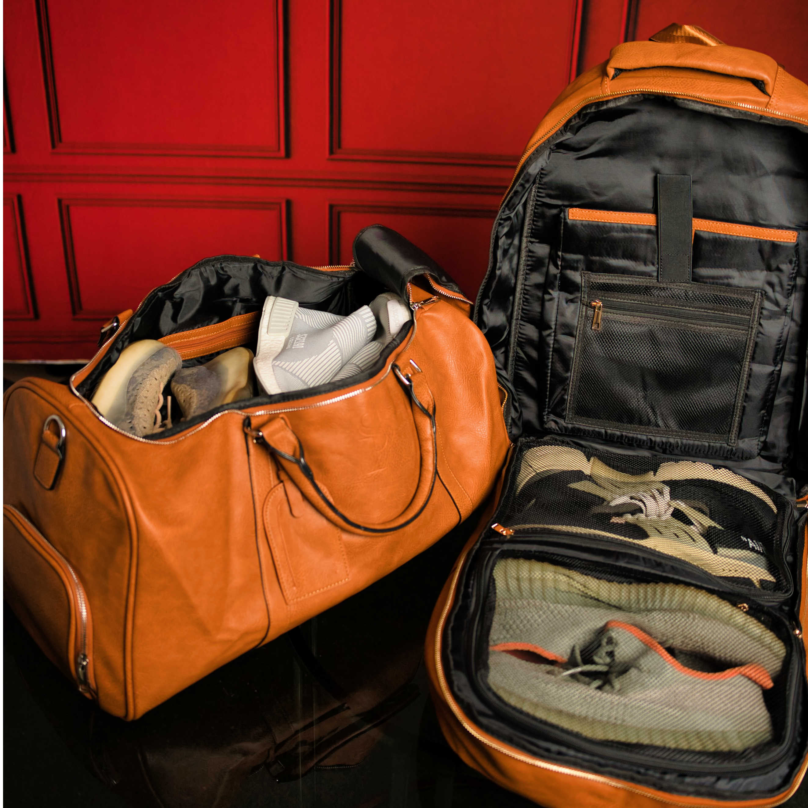 Premium Brown Tumbled Leather 2-Piece Travel Set - Commuter Backpack & Duffle Bag for Men & Women | Perfect for Business Trips, Gym, Weekend Getaways & Daily Commute