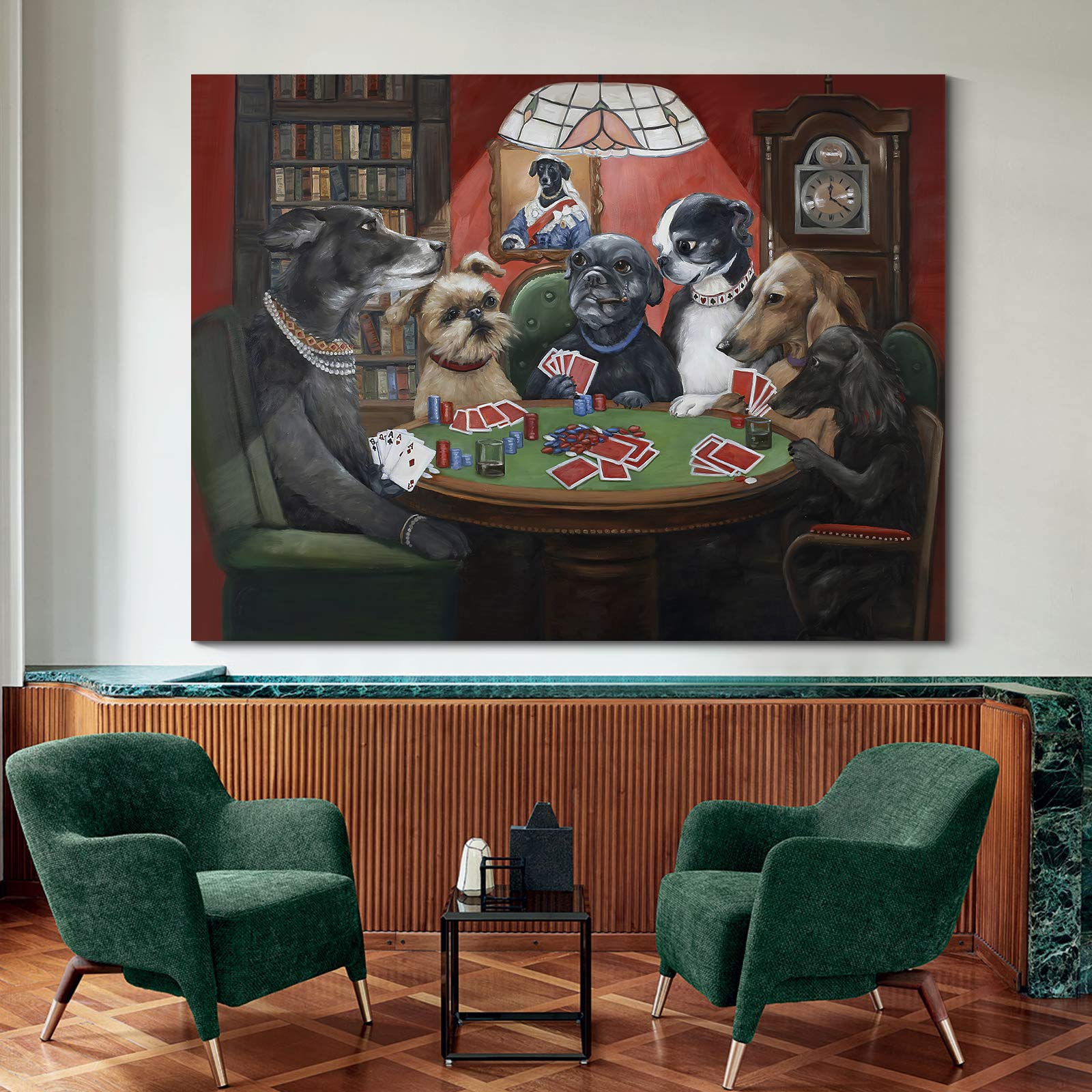 Denozer - Dogs Playing Poker by Cassius Marcellus Coolidge Oil Painting Reproduction - Premium Giclee Canvas Print - 40x30 inches - Ready to Hang Wall Art for Game Room, Man Cave & Entertainment Space Decor