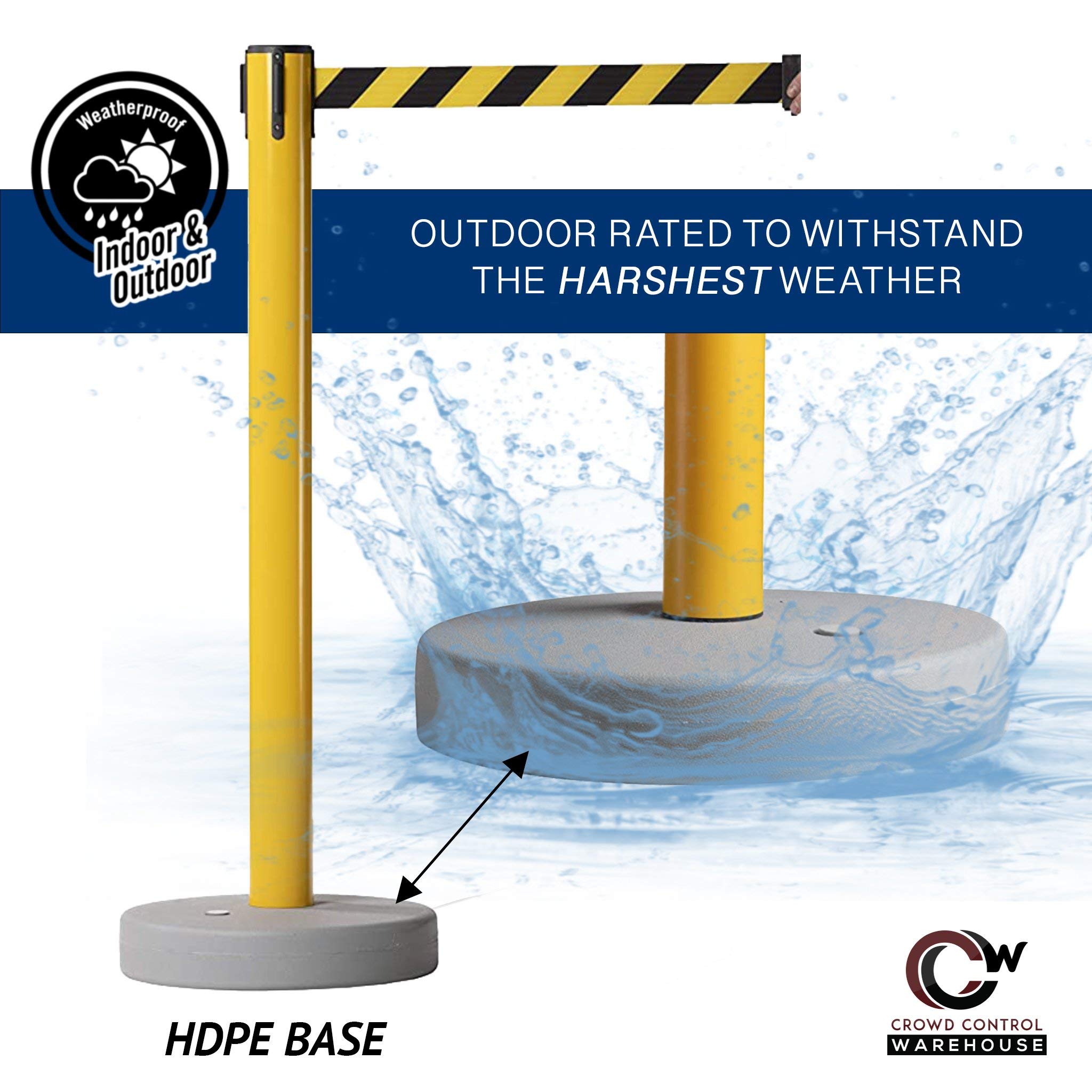 CCW Set of 2 Retractable Belt Barrier Stanchions with Water Fillable Base - 11 Foot Black/Yellow Belt & Yellow PVC Plastic Posts for Crowd Control in Warehouses, Events & Retail Stores