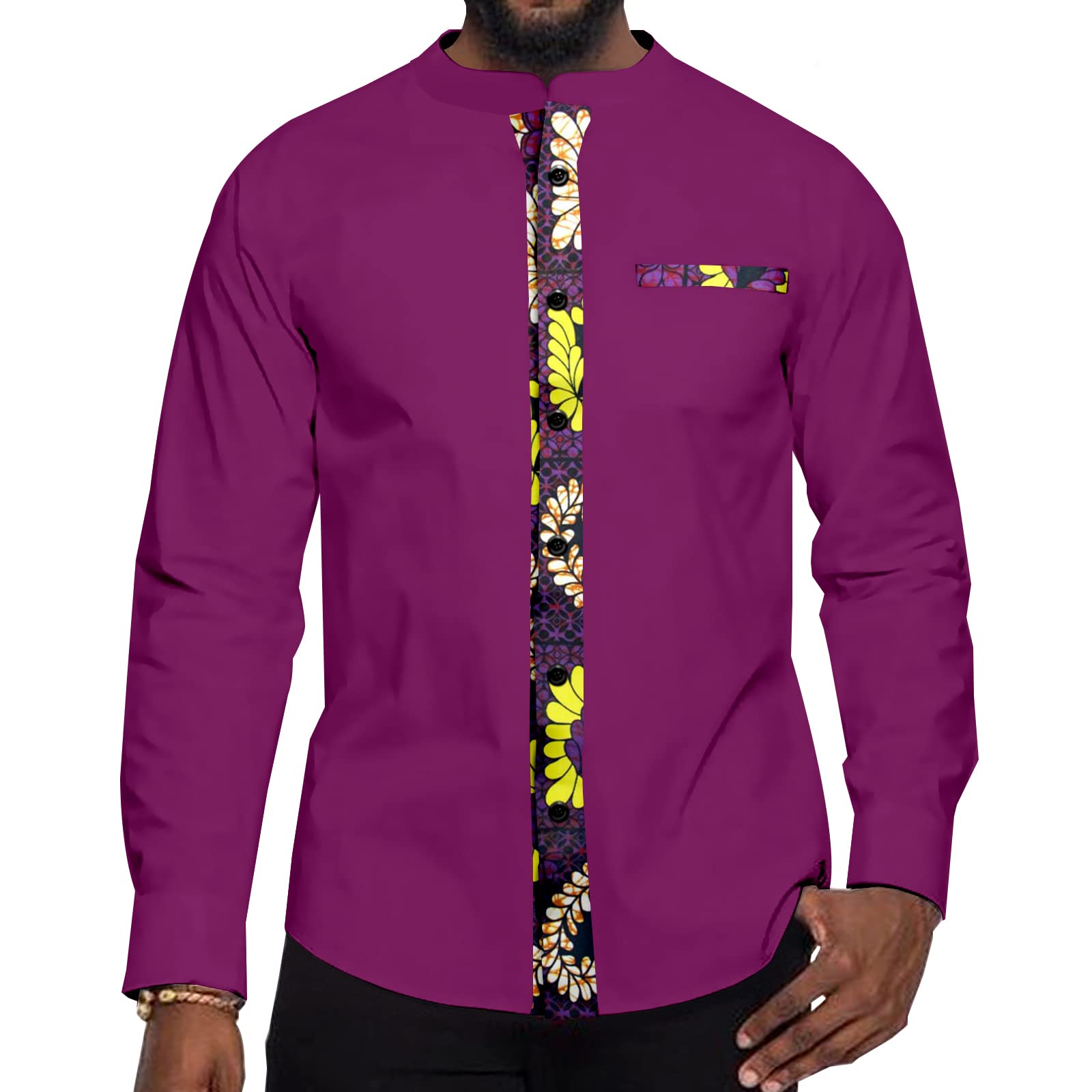 Men's African Print Shirt - Long Sleeve Single Breasted Casual Blouse | Bazin Riche Fabric | Plus Size Traditional Wear for Weddings, Parties & Cultural Events