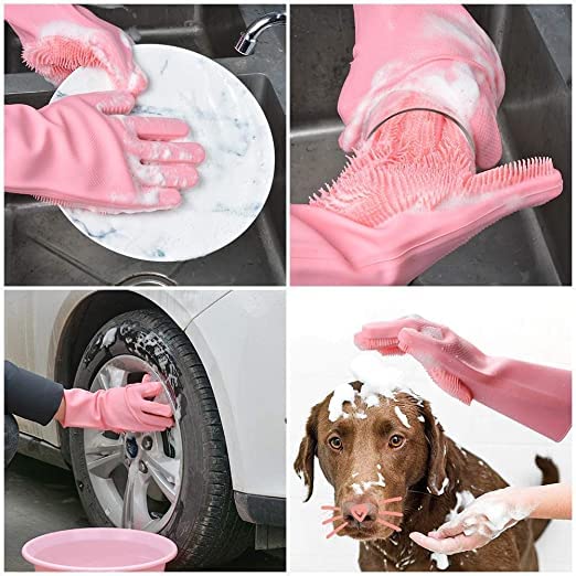 Heat Resistant Reusable Silicone Cleaning Gloves with Scrubber - Dish Washing, Kitchen Cleaning & Pet Hair Removal - 1 Pair Multicolor VR Brite Magic Gloves for Safe Cooking & Household Chores