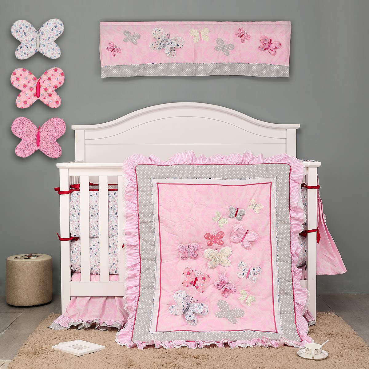 Pink Butterfly Floral Nursery Crib Bedding Set for Girls - 100% Cotton Baby Girl Bedding with Lace & Embroidery - 13 Piece Crib Set for Newborn Infant - Perfect Baby Shower Gift & Nursery Decor    (Ideal for baby showers, nursery room decoration, newborn crib bedding, and as a thoughtful gift for new parents)