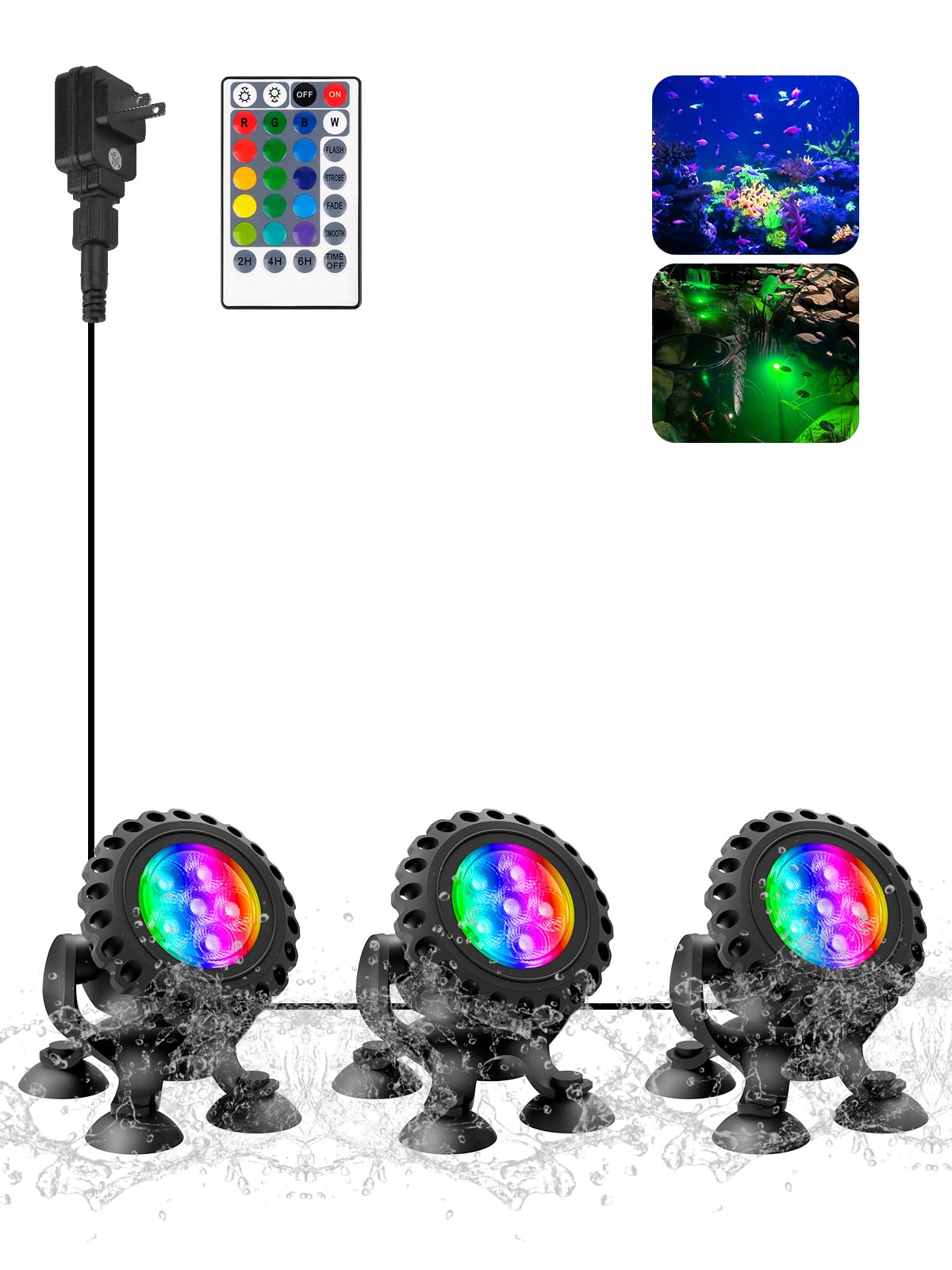 T-SUN 3-Head LED Underwater Pond Lights with Timer & Remote Control - IP68 Waterproof Submersible Fountain Lights for Fish Tank, Aquarium, Waterfall, Yard & Landscape Lighting - Perfect for Outdoor Water Features, Garden Decor & Pool Accent Lighting