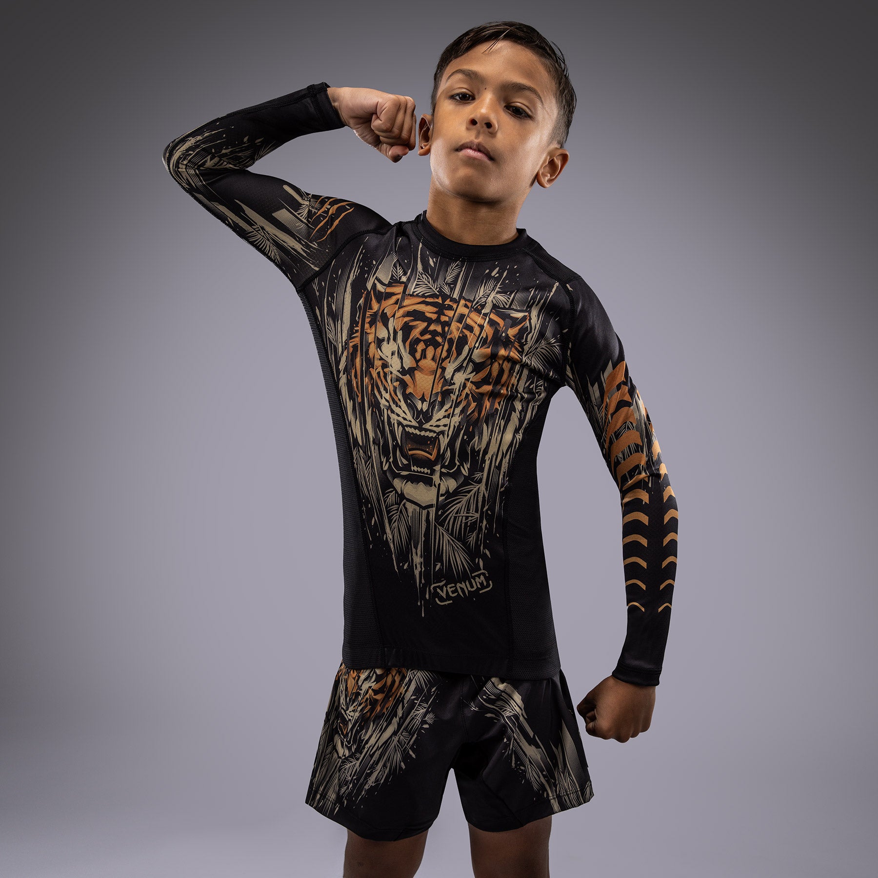 Venum Tiger Kids Long Sleeve Rashguard - Black/Neon Orange - UV Protection Swim Shirt for Boys & Girls - Perfect for Swimming, Surfing & Water Sports