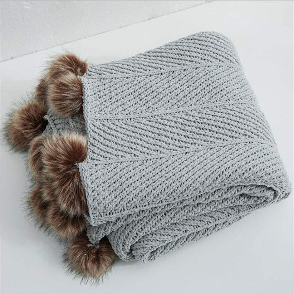 FUFU Pom Pom Throw Blanket - 100% Cotton Handmade Cable Knit Blanket | Super Soft Decorative Sofa Blanket for Bed, Couch & Office | All-Season Cozy Home Decor (Gray) - Perfect for Lounging, Netflix Nights & Gift Giving