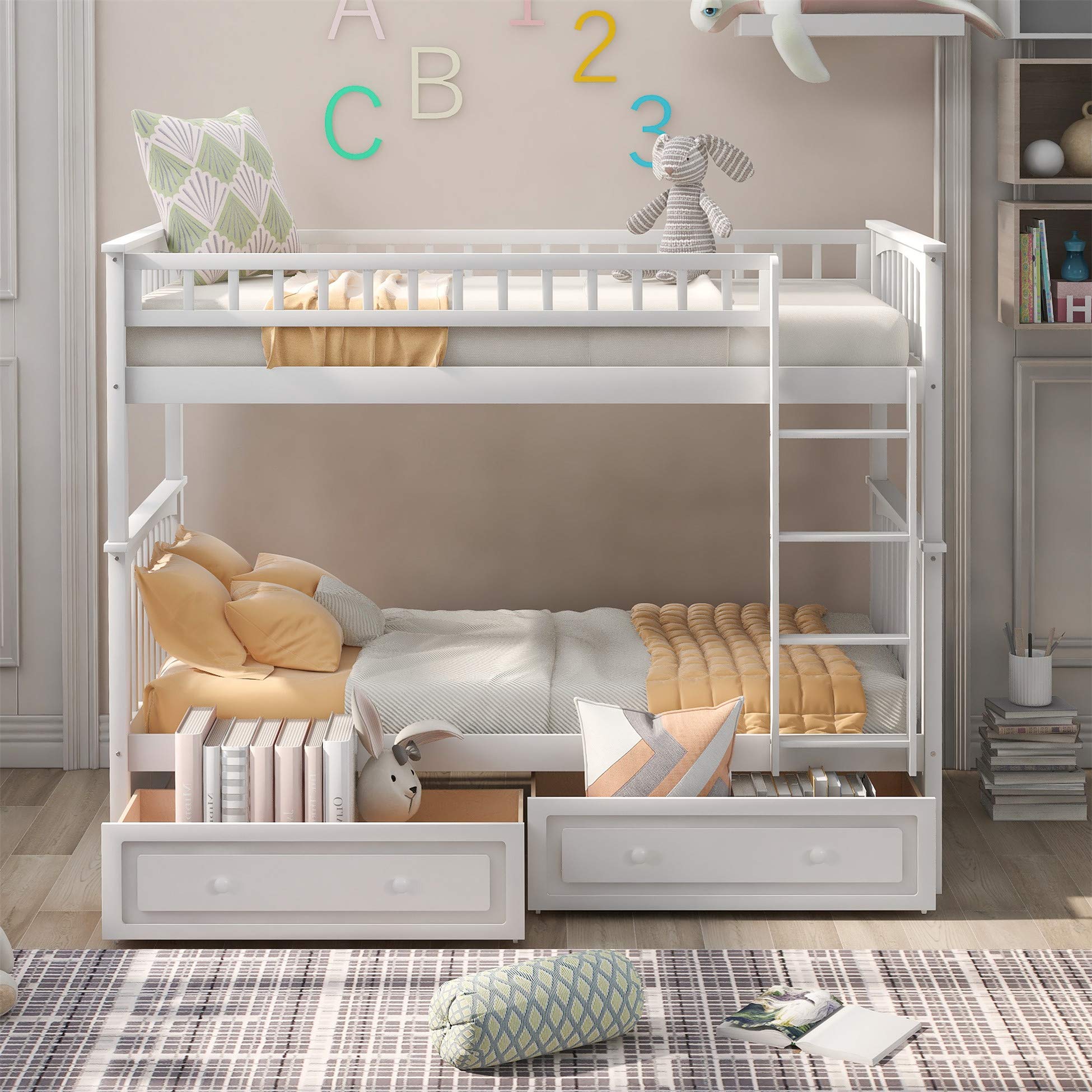 Harper & Bright Designs Twin Over Twin Bunk Bed with Storage Drawers - Solid Wood Bunk Bed Frame in White - Perfect for Kids' Bedroom, Dorm Room & Space-Saving Solutions