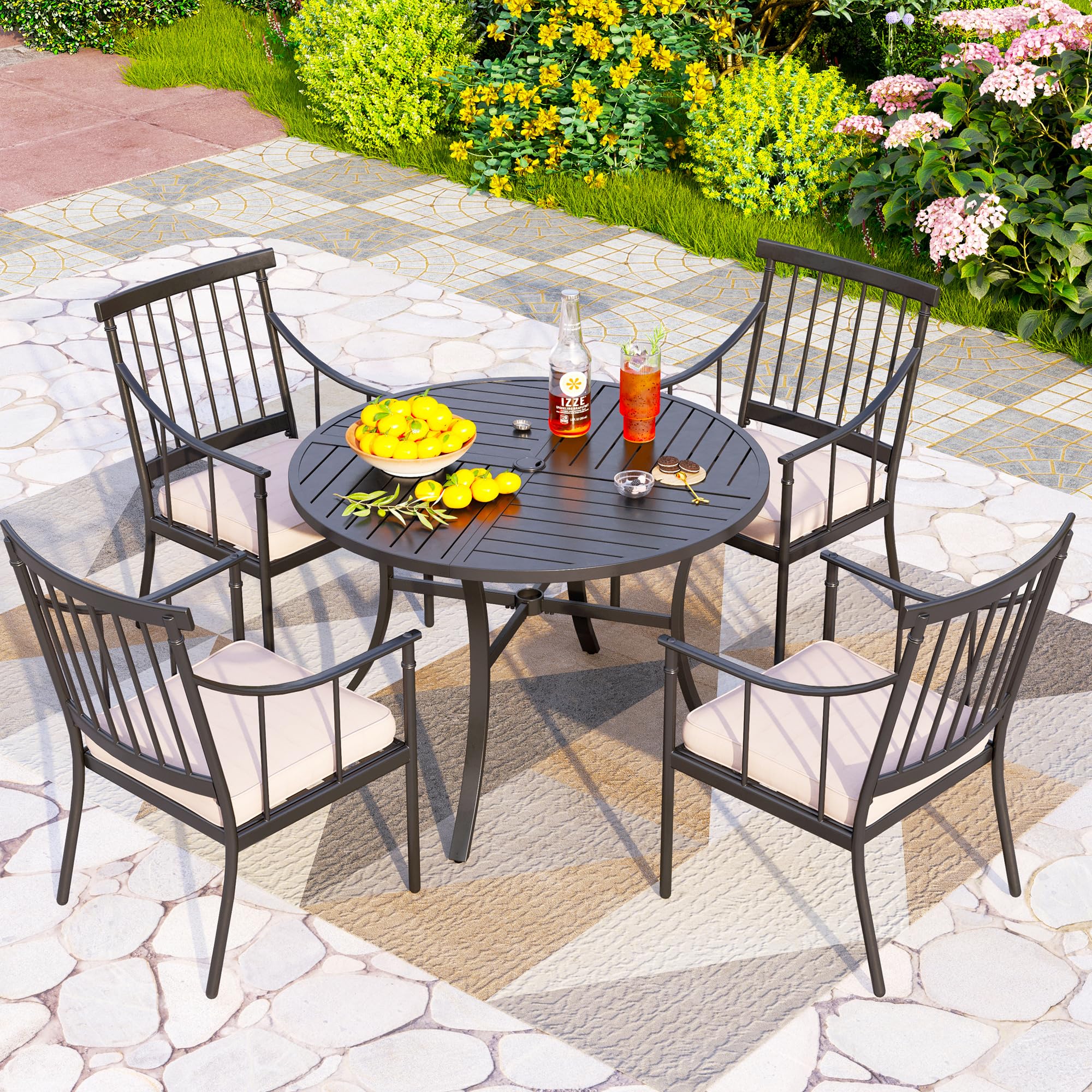 PHI VILLA 42 Inch Round Outdoor Dining Table for 4 People - Weatherproof Wrought Iron Metal Patio Table with Umbrella Hole - Perfect for Backyard, Garden, Deck, Porch & Poolside Dining - Black